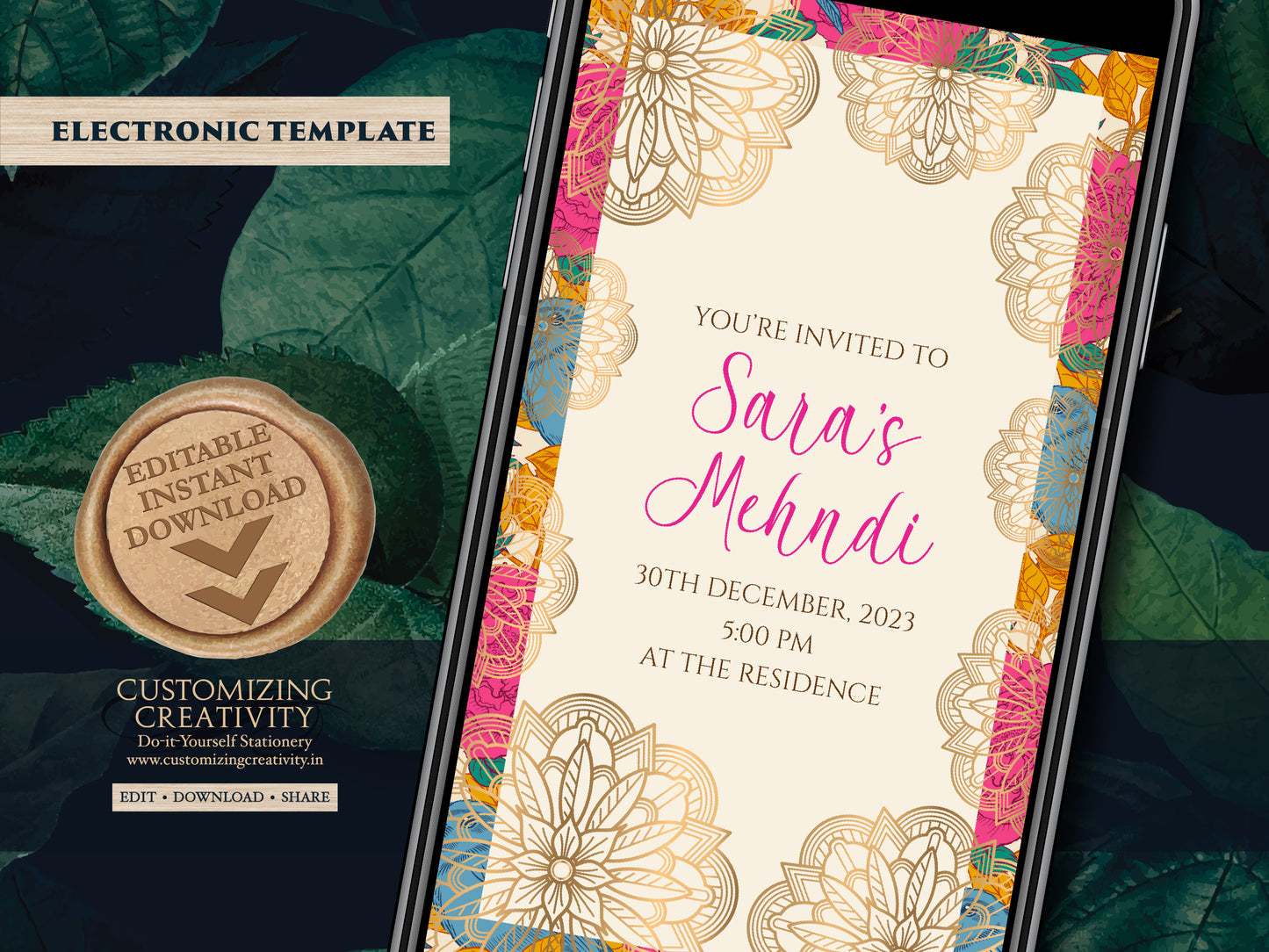 Mehendi invitations as Henna Party invites Mehndi Invites, Mehndi invitations as Mendhi invites, Mendhi Night invite & Digital Mehndi invite