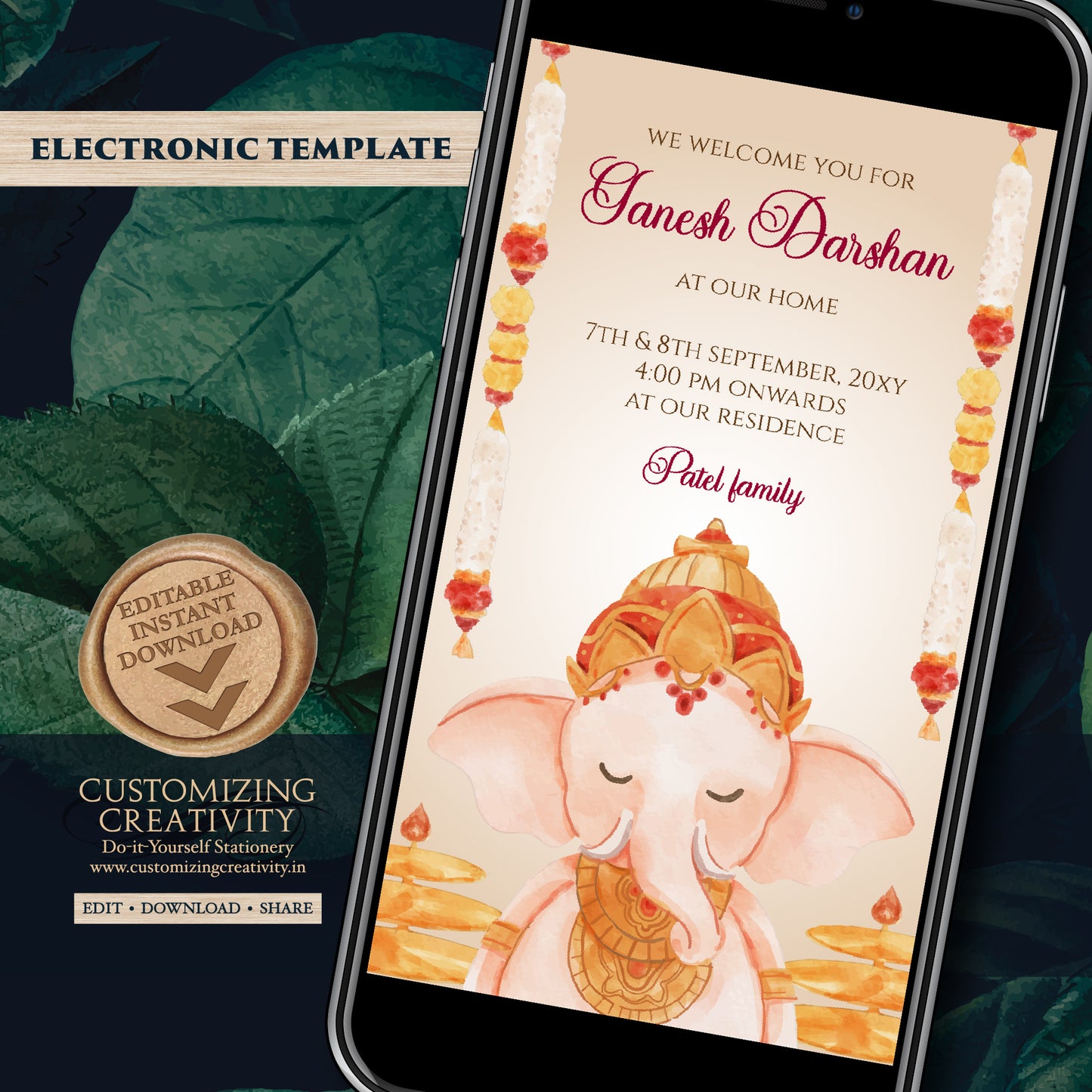 Ganesh Chaturthi card Digital Ganpati invites Ganesh invitations, Ganpati darshan invitation card Ganesh pooja invite as Ganpati invitations