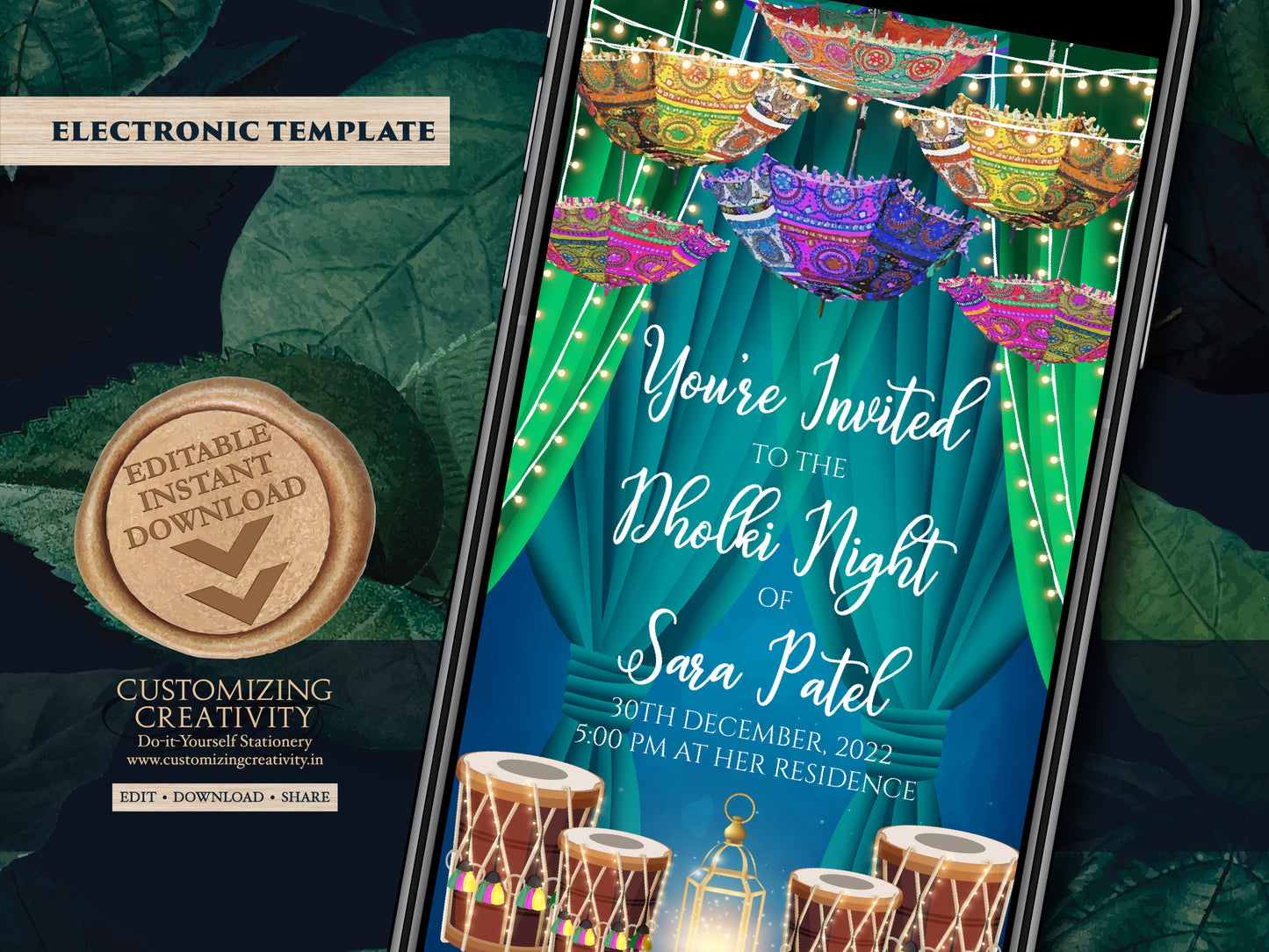 Punjabi Dholki card digital as Muslim Dholki invitation, Muslim Dholak night invites, Dholak invitations & Pakistani Dholak Invites Digital