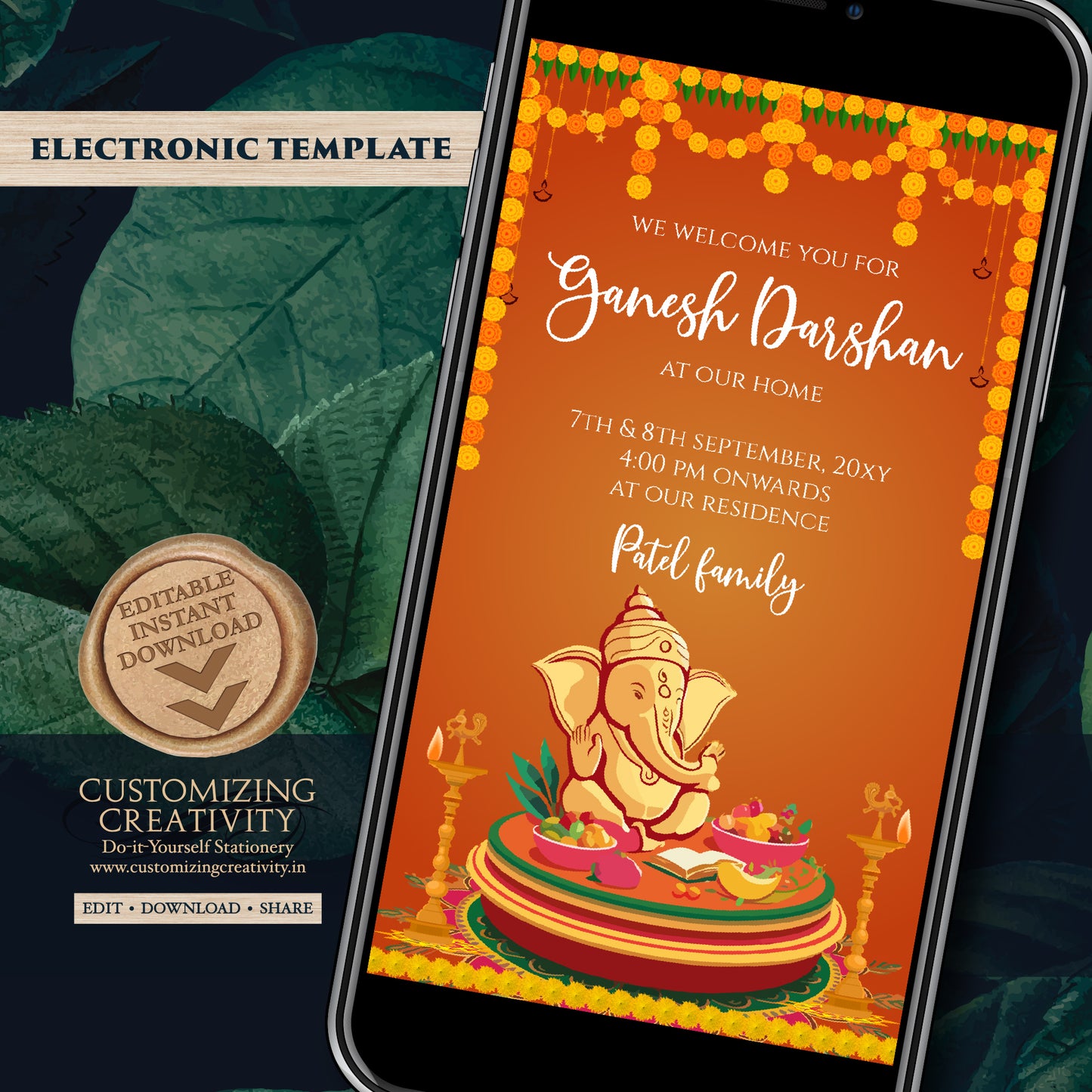 Ganesh invitations Digital Ganpati invites Ganesh Chaturthi card, Ganpati darshan invitation card Ganesh pooja invite as Ganpati invitations