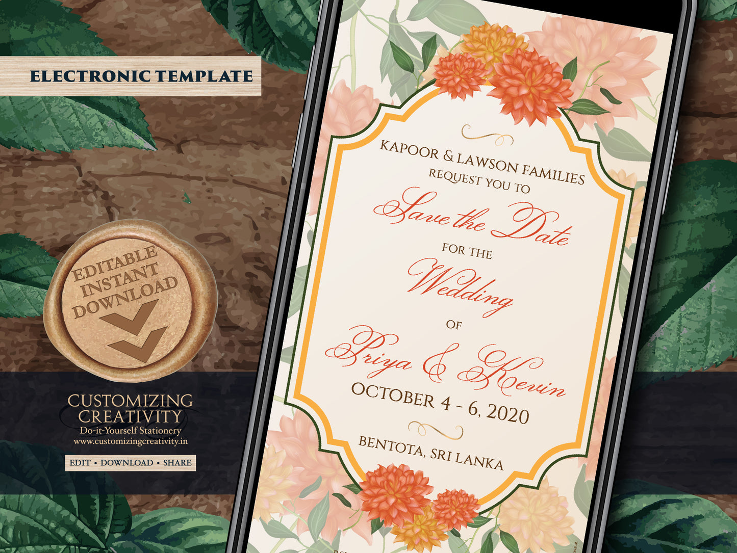 Marigold Save the date Orange as Indian Save the Date Digital, Electronic Save the Date Hindu & Traditional Save the Date Desi Wedding DIY