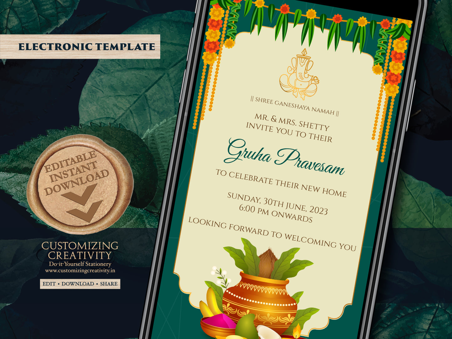 Gruha Pravesh invite as Pooja invitation, Gruha Pravesam invite & Grihapravesh invite, Indian Housewarming invitation as Housewarming invite
