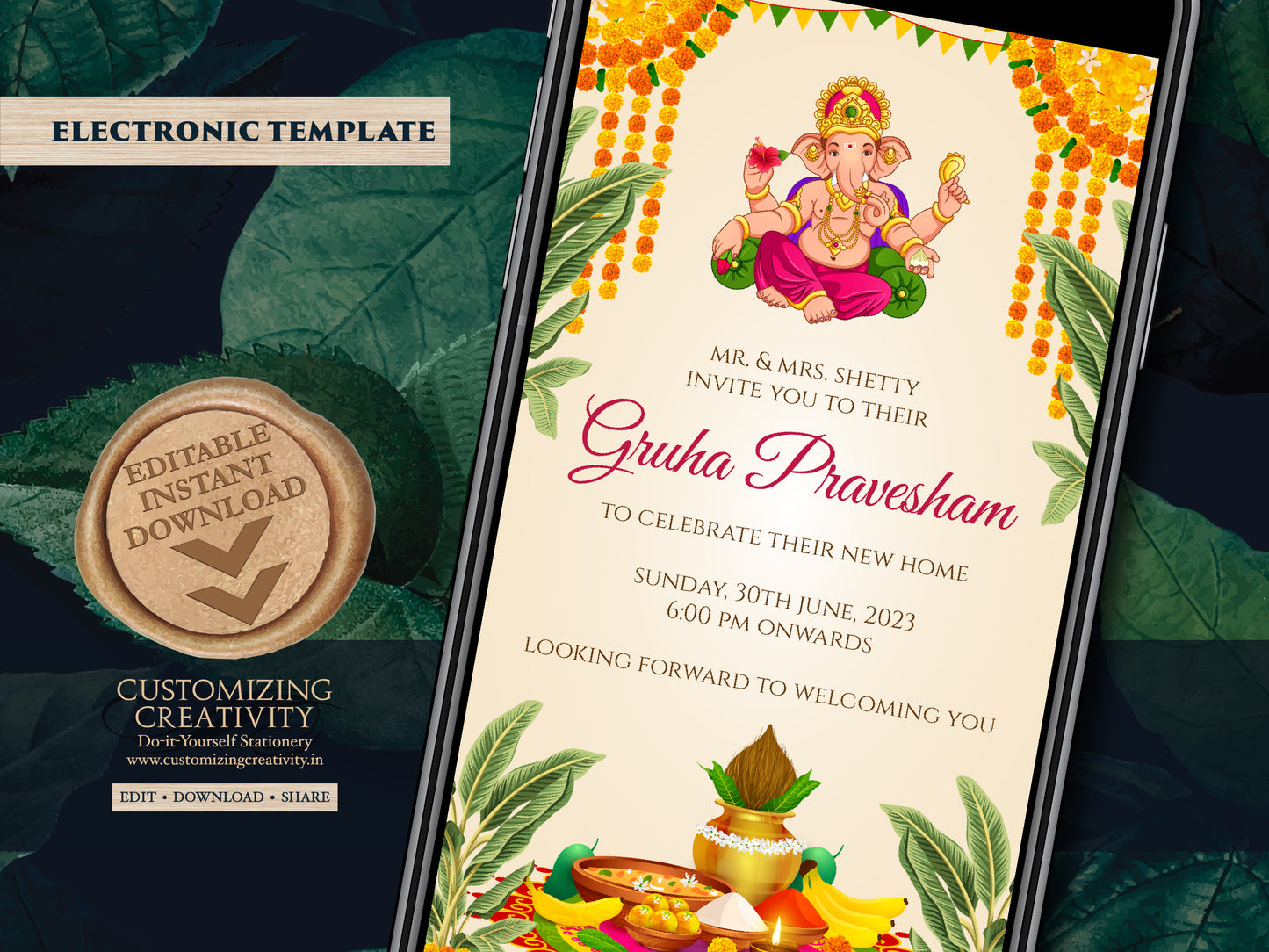 Gruhapravesham invitation & Grihapravesh invite, Indian Housewarming invitation as Indian Pooja invite, Gruhapravesam invite Puja invitation