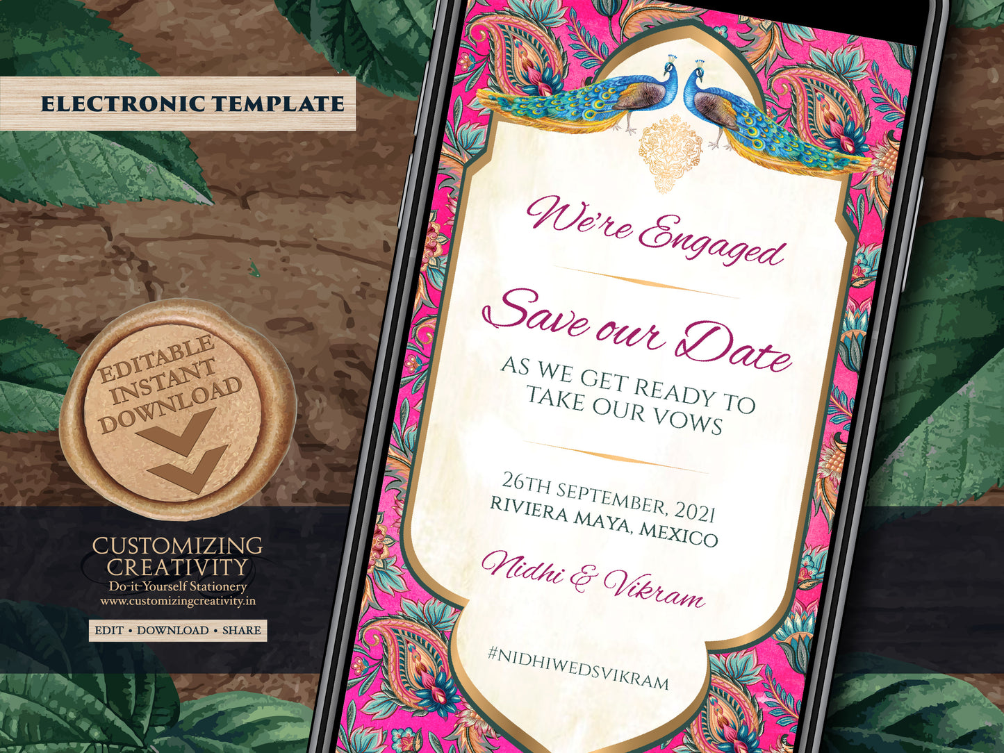 Save the date template digital download for your Boho Indian Theme Wedding Invitation Card with Peacocks, Paisleys & flowers in Fuchsia pink