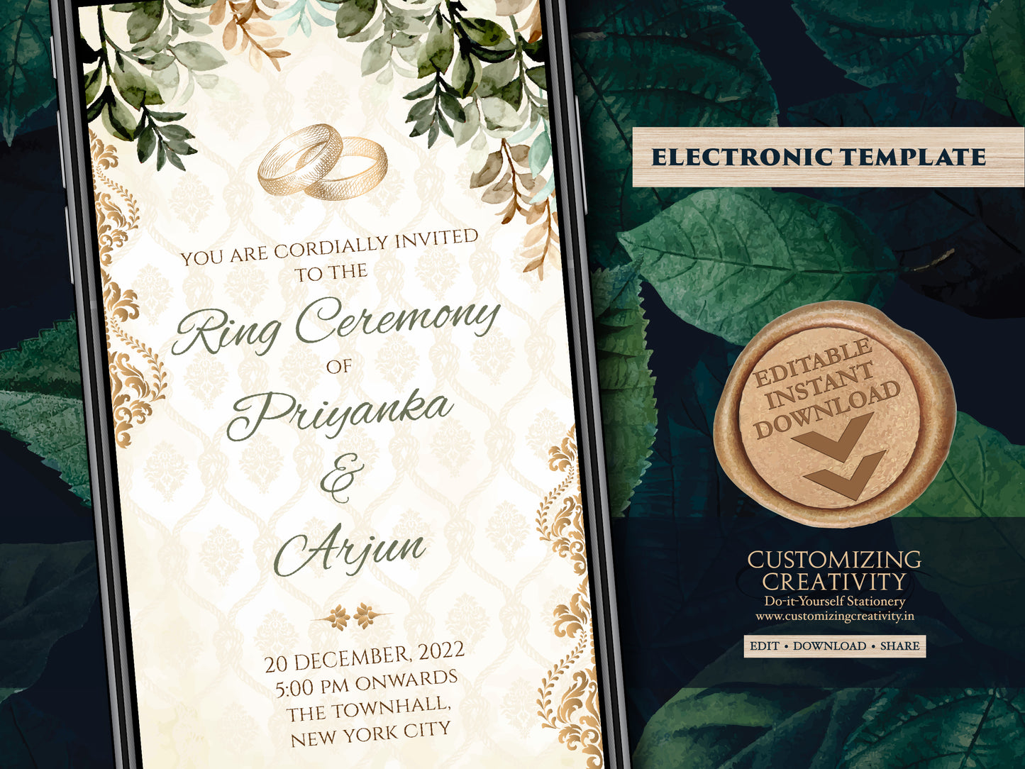 Digital Ring Ceremony invitations & WhatsApp Engagement invite Indian, Ring Ceremony card Digital as template Engagement invites Electronic