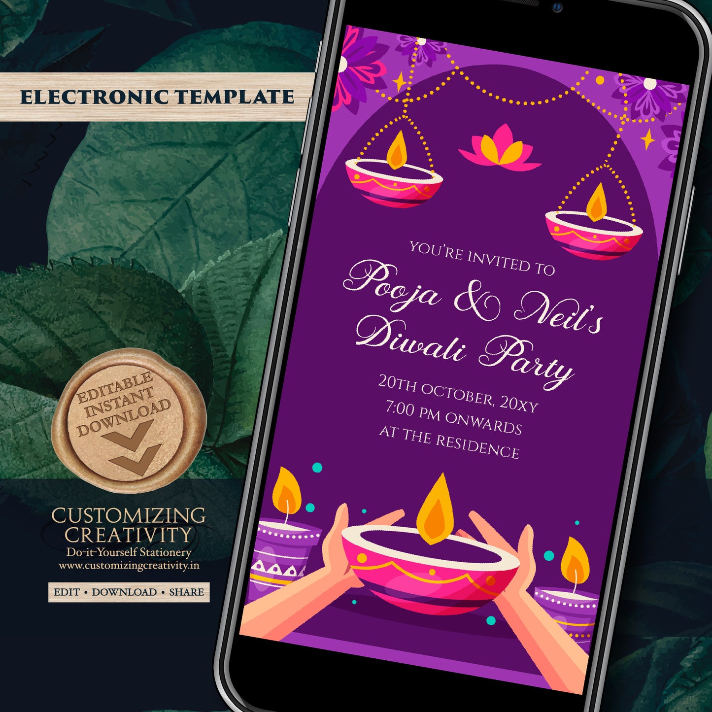 Diwali party invitation & Diwali invite, Happy Diwali card greeting as Diwali Evite template, Diwali party invite Digital Diwali invitations