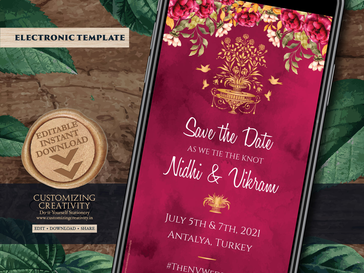 Save the date editable template digital download for your Royal Indian Wedding Invitation in Maroon with flowers, Birds & Gold Indian Motif