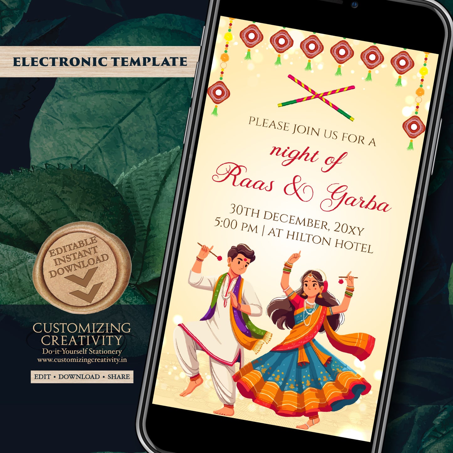 Digital Navratri invites Raas Garba invitations, Raas Garba night invites Digital Dandiya invitation, Wedding Dandiya night invite Digital