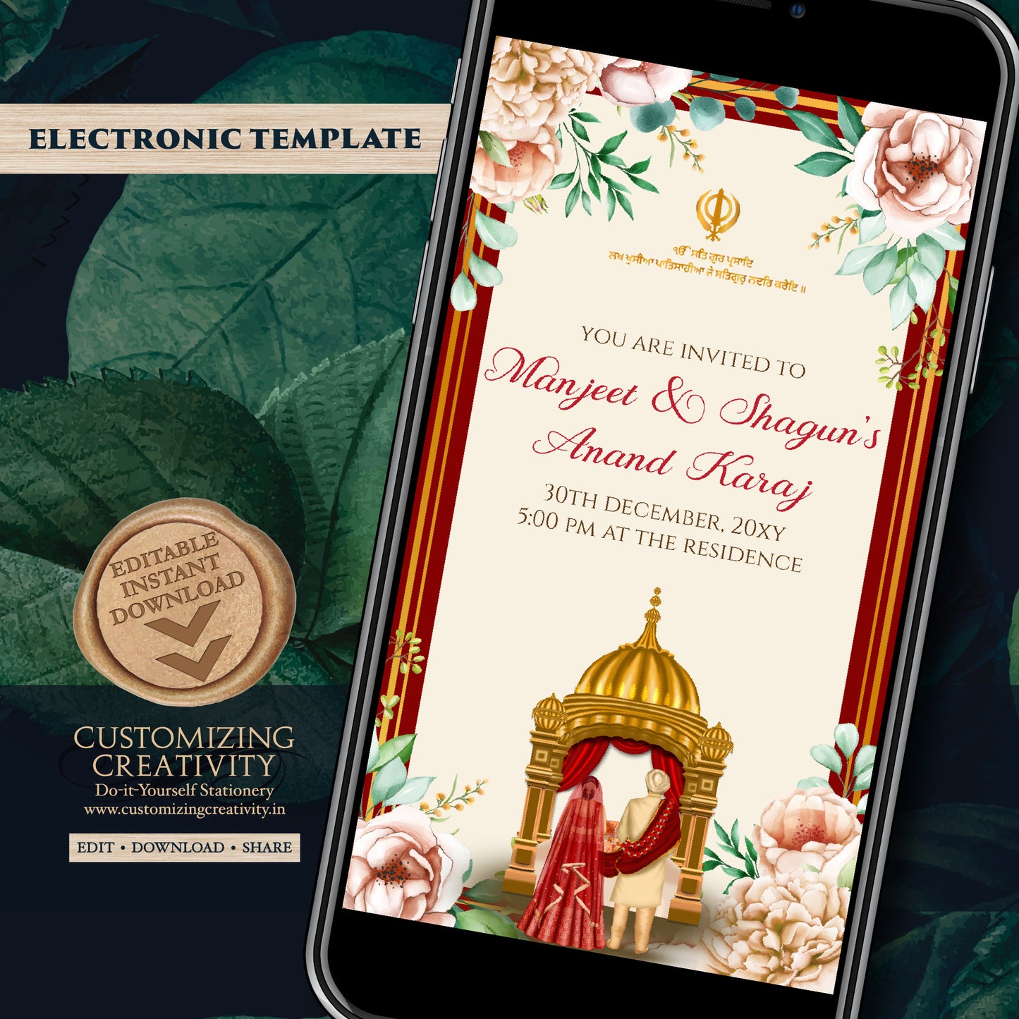 Digital Anand Karaj invitation Sikh invites, Anand Karaj invitations Digital Sikh Wedding cards, Sikh wedding invites as Punjabi invitations