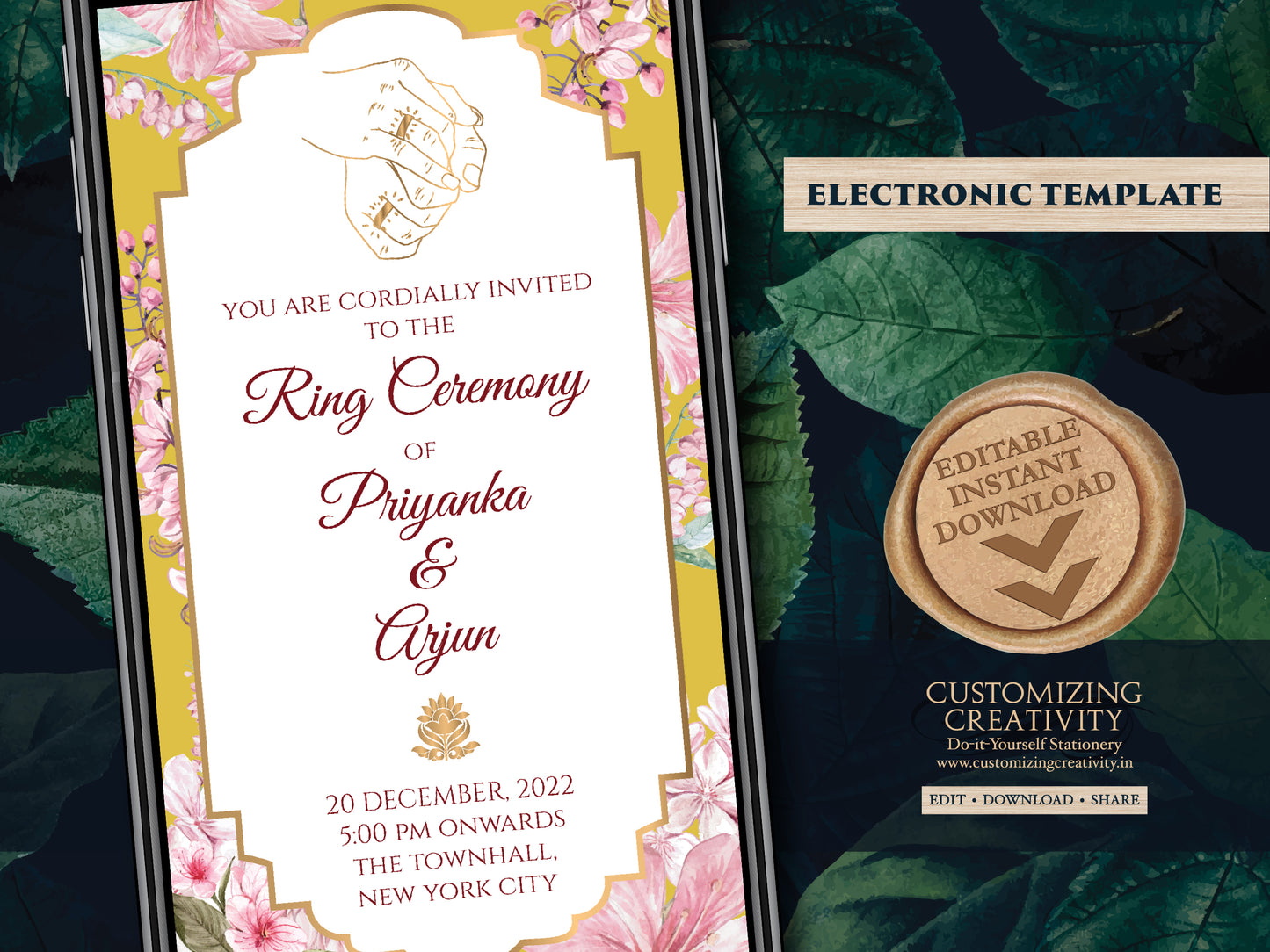 Floral Ring Ceremony Digital invite & Engagement invite template, WhatsApp Ring Ceremony card Digital as Summer Engagement invite Electronic