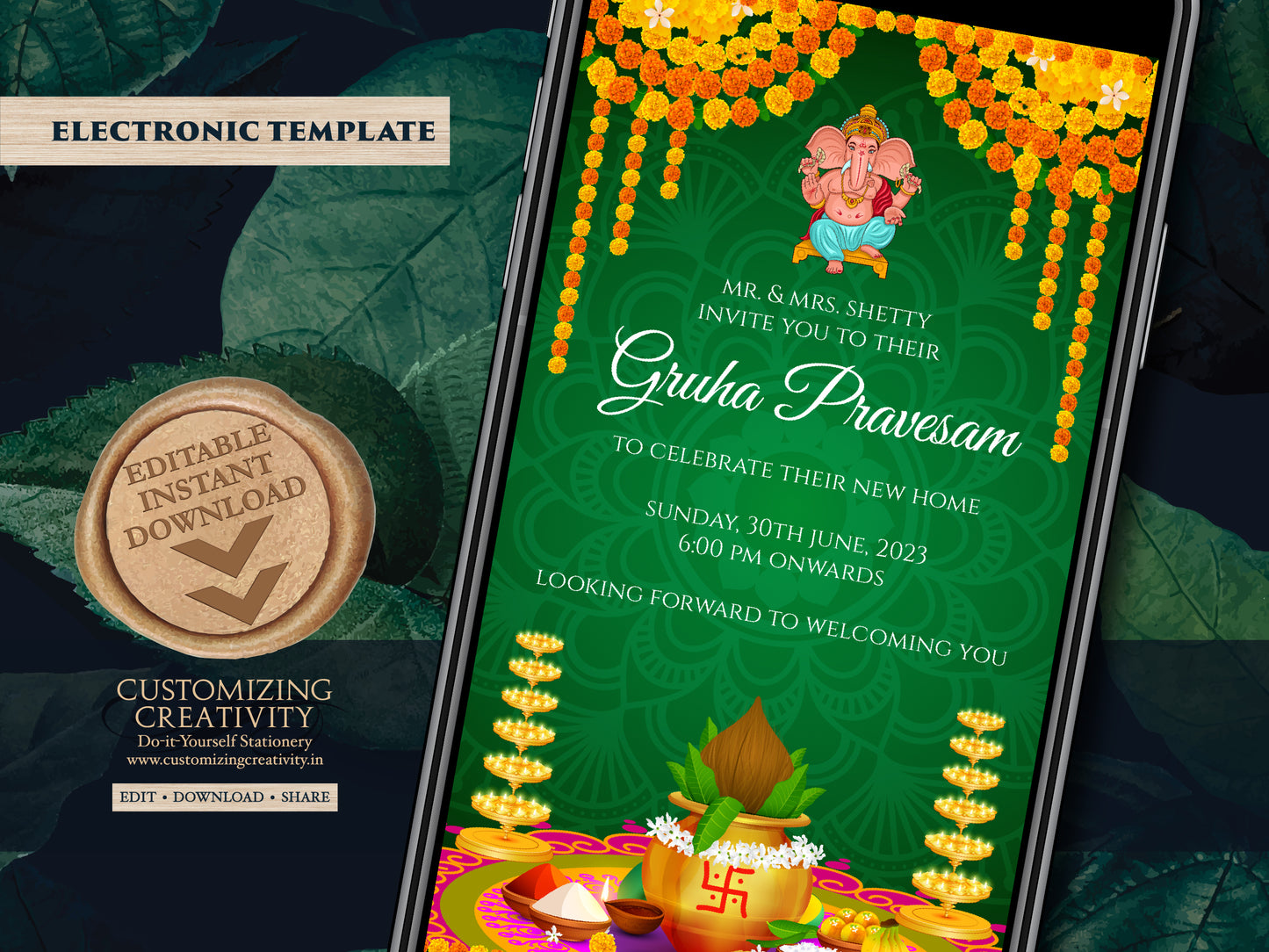 Griha pravesh invite as House warming invite, Gruhapravesam invitation & Indian Housewarming invitation, Pooja invite as Gruhapravesh invite