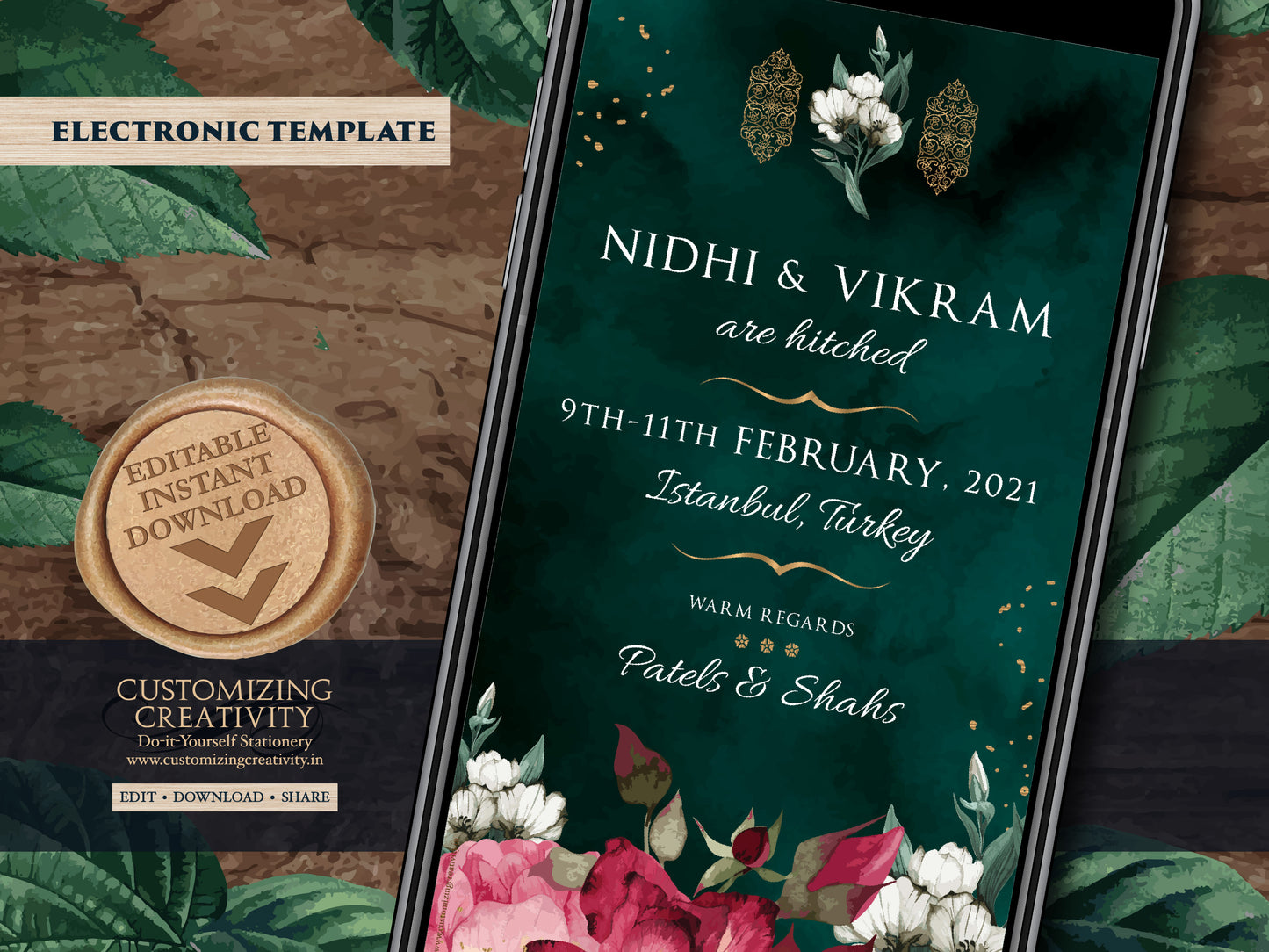 Emerald Green Save the date digital download, Emerald Save the Date Indian as Jewel tone Save the Date electronic, Hindu Save the Date DIY