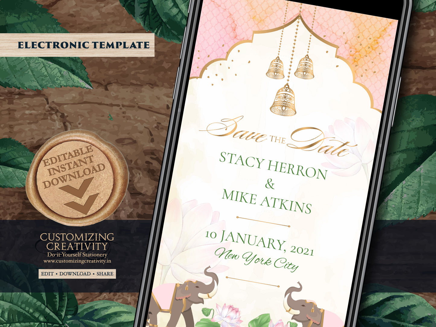Elephant Save the date Invite & Electronic Save the date Indian, Pastel Save the date Invitation Elephant as Save the Date WhatsApp invite