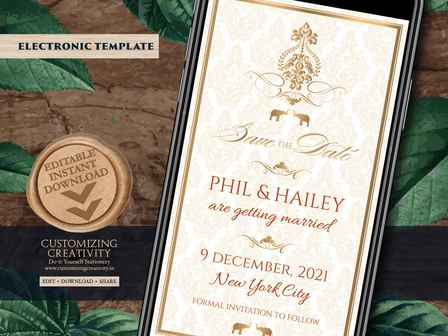 Gold Save the date Invite & Wedding Save the date template Hindu, Baroque Save the date Elephant as Indian Save the Date Digital invitations