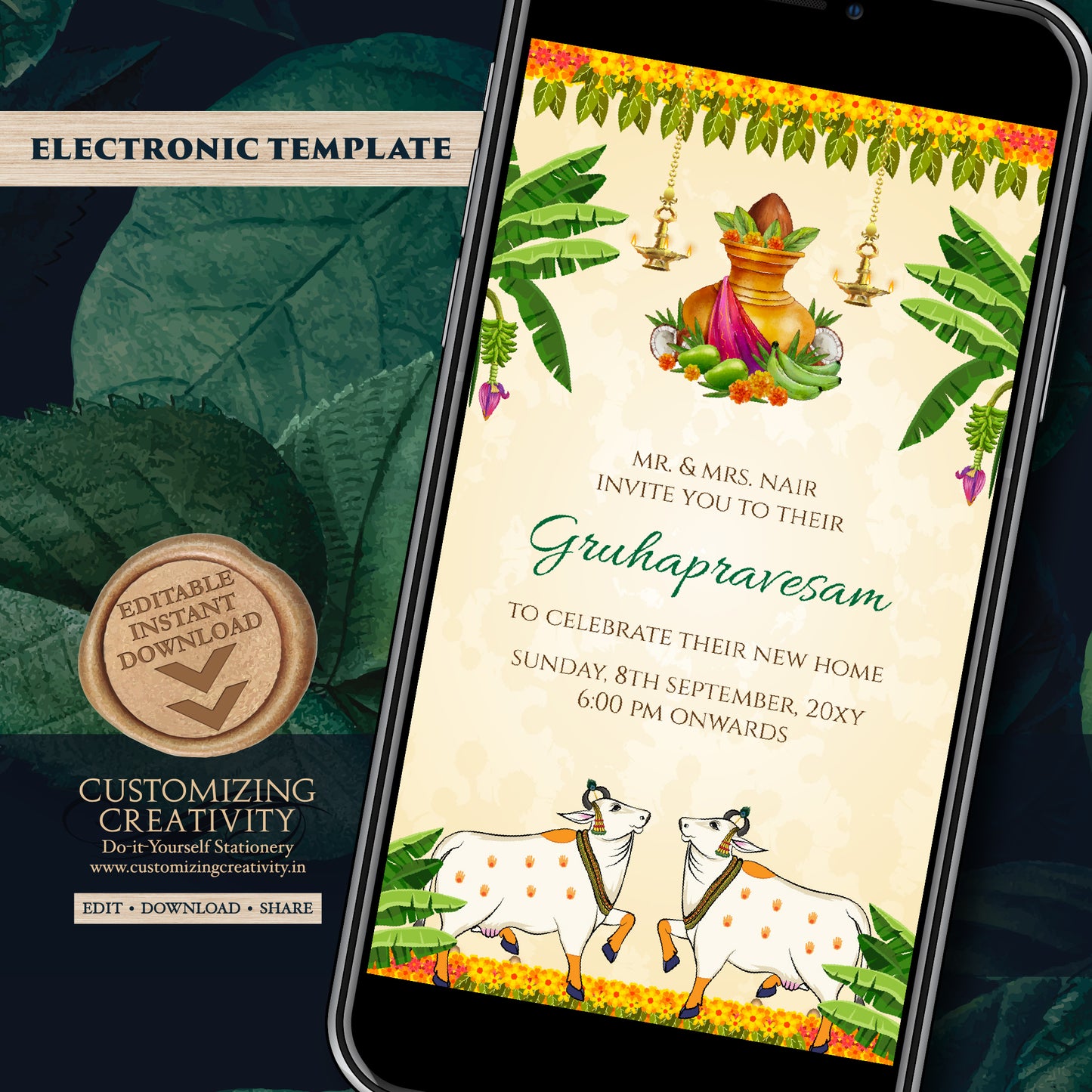 Gruhapravesham invite Digital Indian Housewarming invitation, Grihapravesh invite as Tamil Housewarming invite Telugu, Gruhapravesam invite