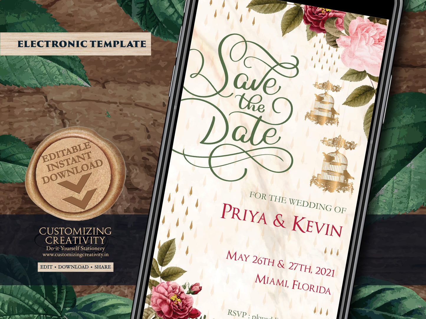 Red & Pink Floral Save the date editable template instant download, for your Indian Wedding Invitation with Red Flowers, Golden bird cages