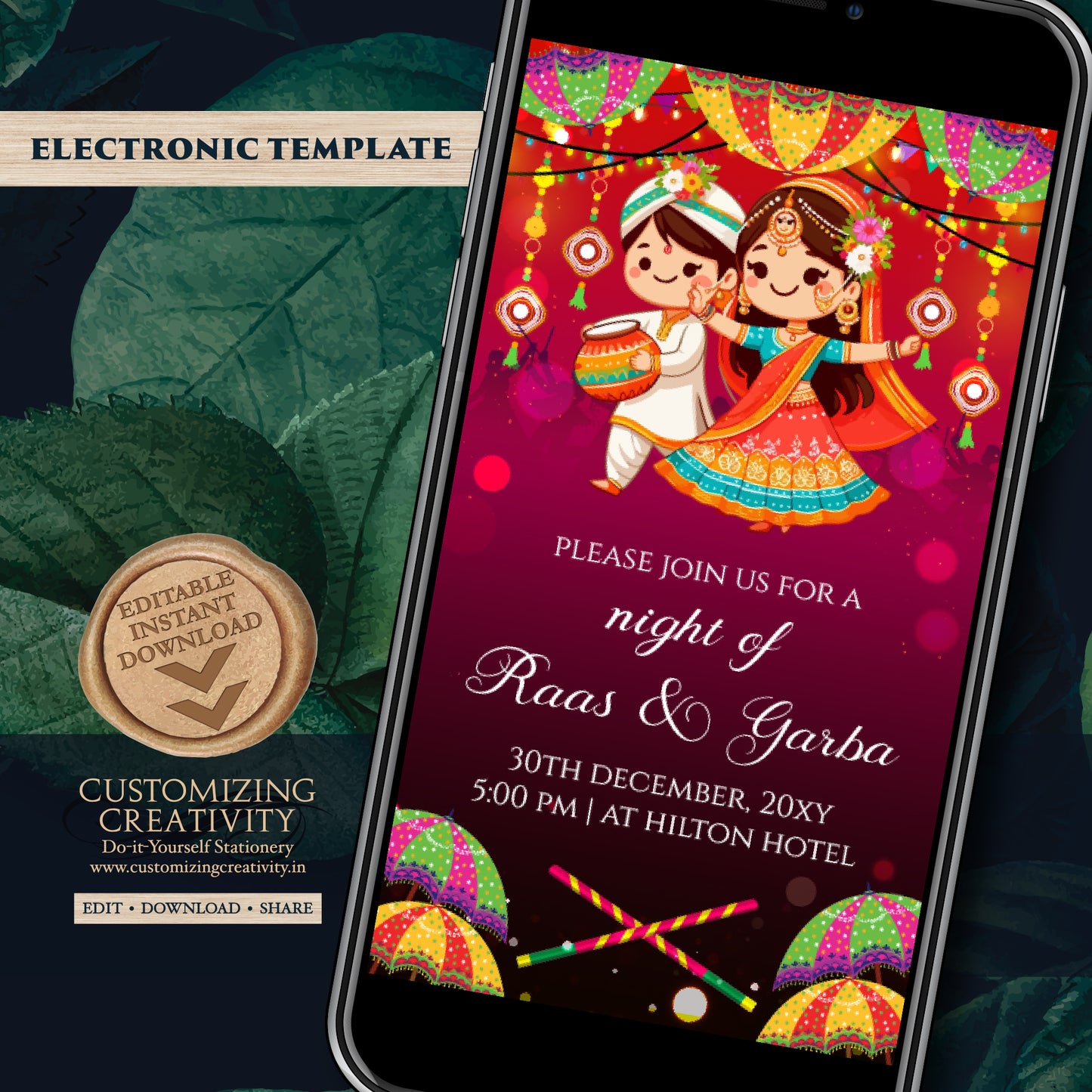 Wedding Dandiya night invite Digital Raas Garba invitations, Raas Garba night invites as Digital Dandiya invitation Digital Navratri invites