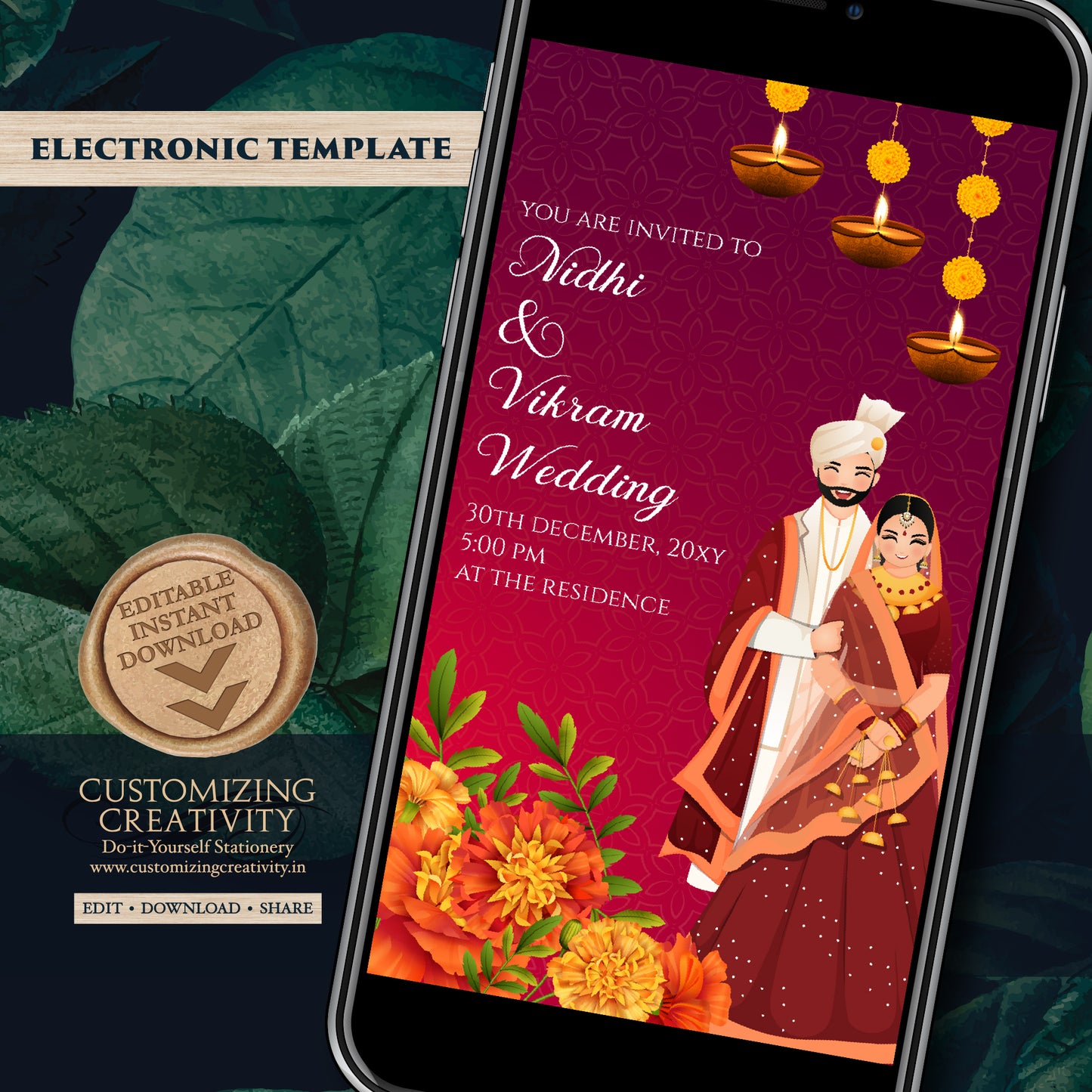 Digital Indian Wedding card Hindu Wedding invite, Hindu invitation as Hindu wedding cards, Indian Wedding invitation & Indian wedding invite