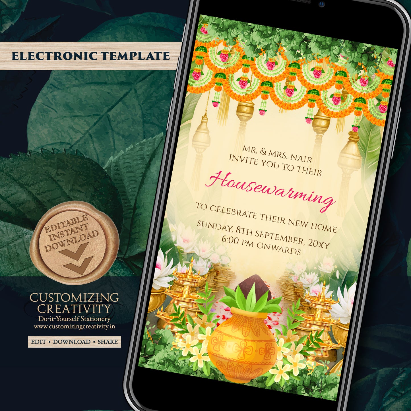 Gruhapravesam invite Indian Housewarming invitation as Tamil Housewarming invite Telugu, Grihapravesh invite Gruhapravesham invite Digital