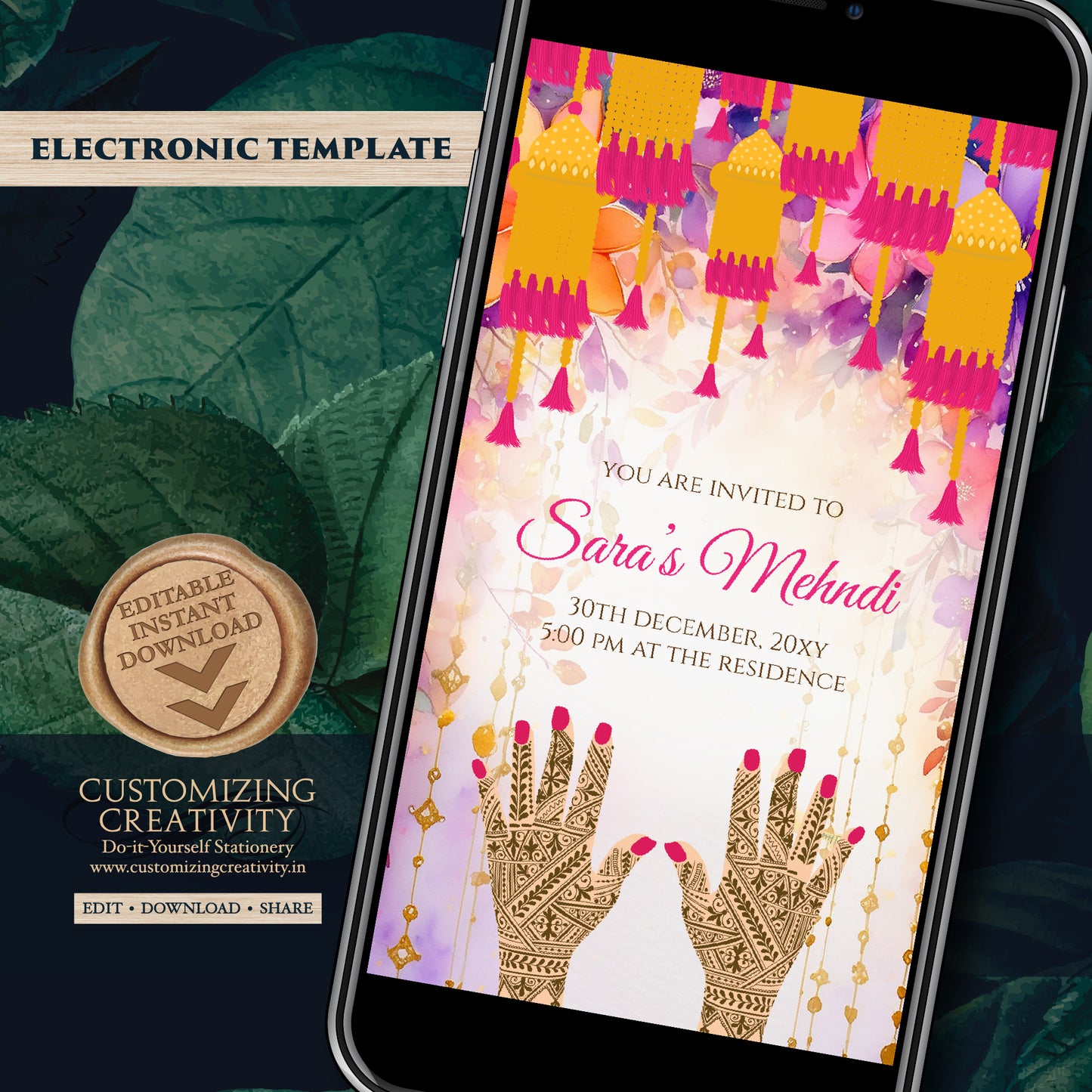 Mehndi invitations Digital Dholki invite & Mendhi Night invite as Dholki invitations Mehndi cards, Digital Mehendi invitation Mehndi invite