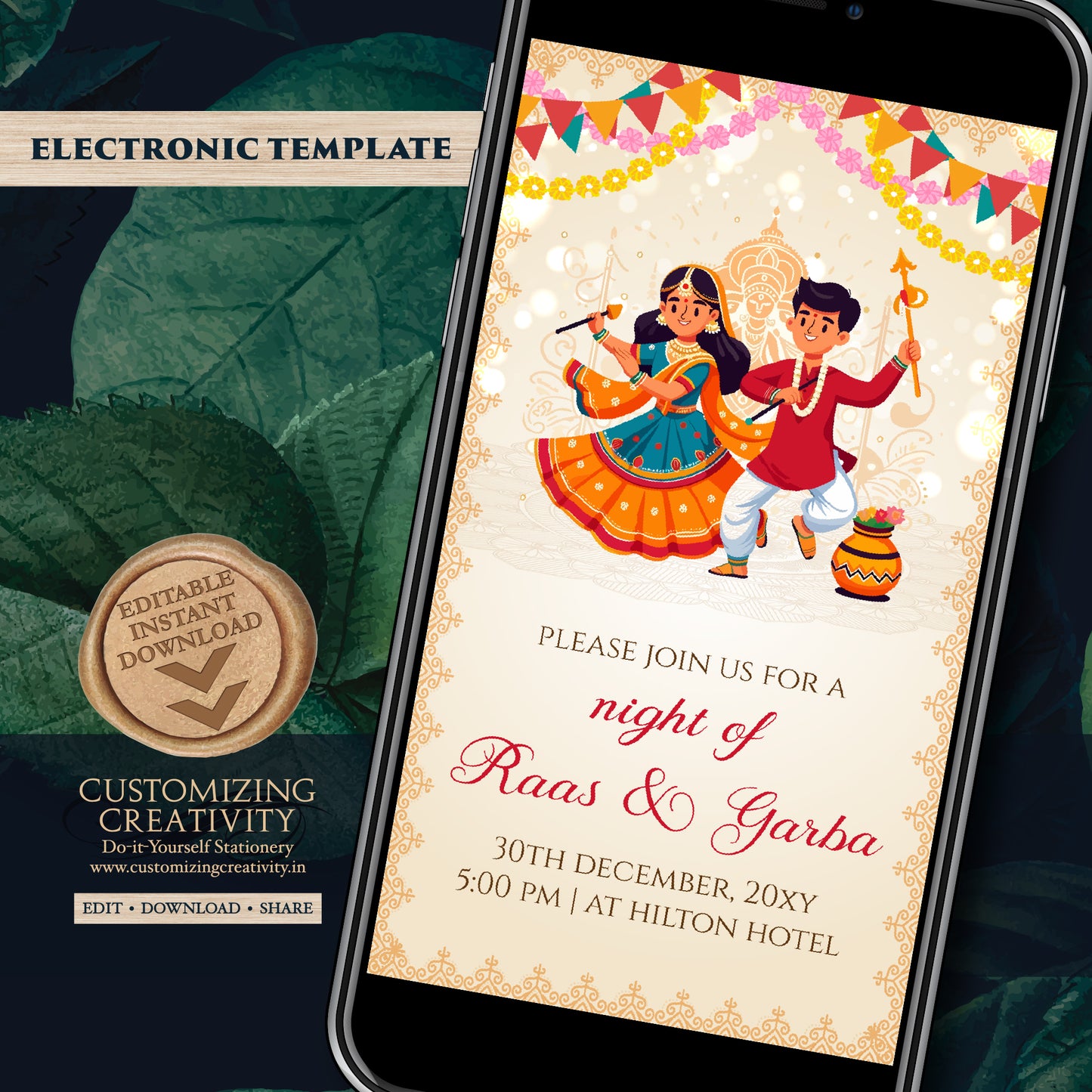 Raas Garba night invites Digital Dandiya invitation, Digital Raas Garba invitations Digital Navratri invites, Wedding Dandiya night invite