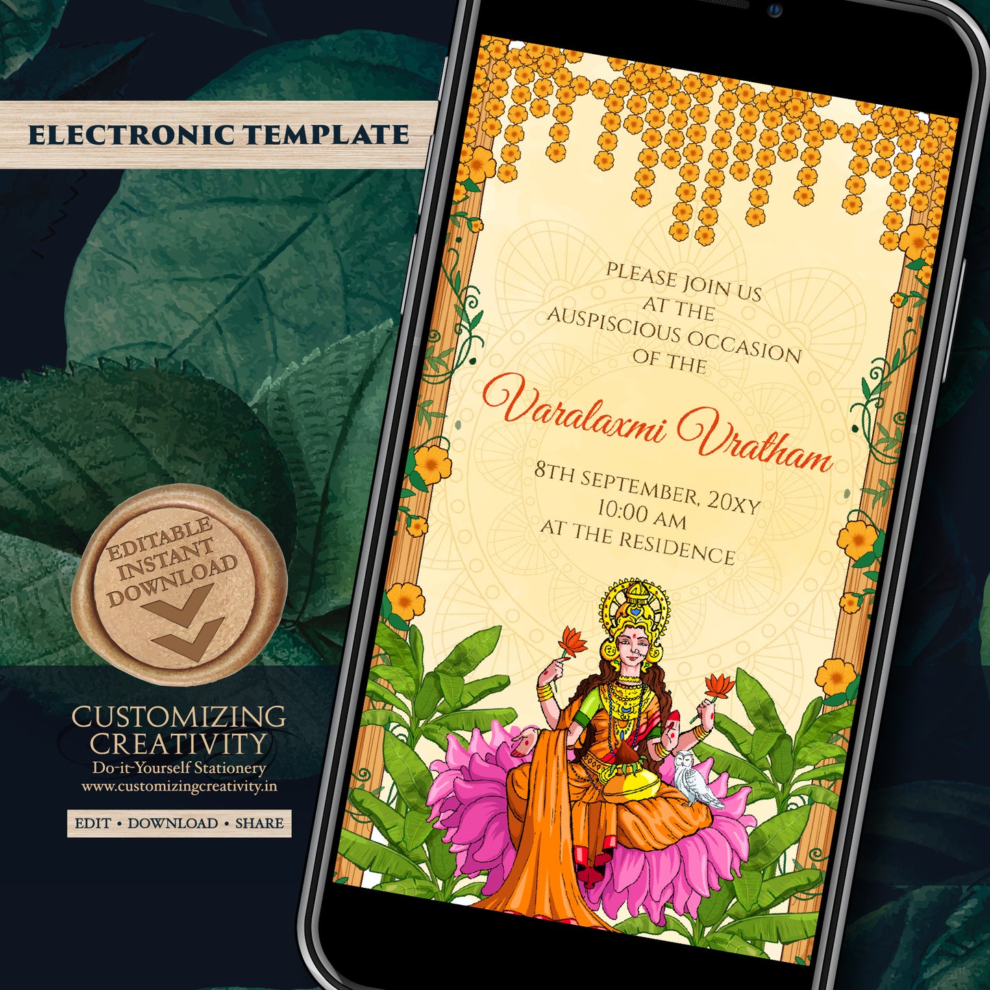 Digital Varalaxmi Pooja Invite Laxmi Puja Invitation, Varamahalakshmi Vratham Invitation as Laxmi Puja invite, Digital & Lakshmi Puja Invite