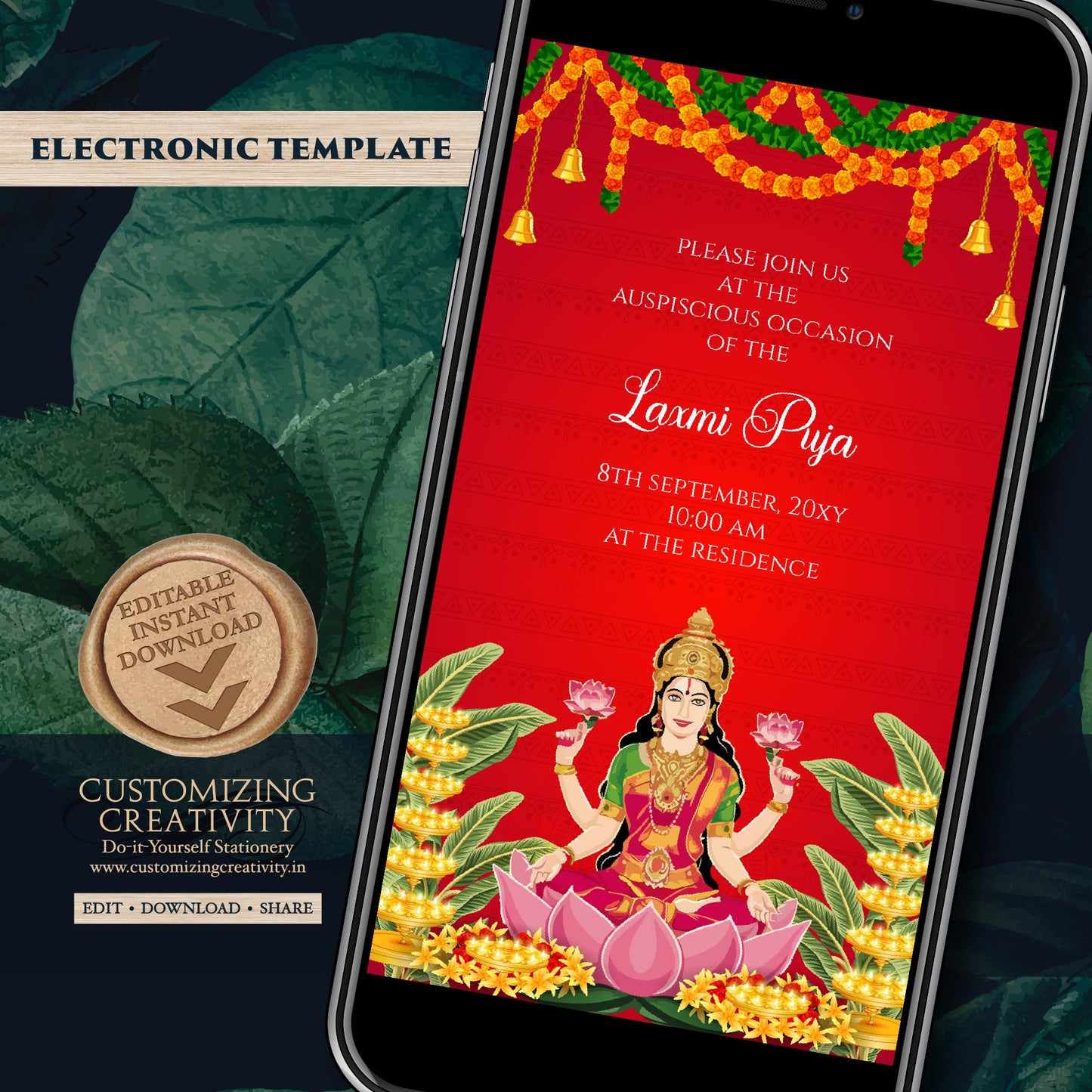 Varamahalakshmi Vratham Invitation Laxmi Puja invite, Digital Laxmi Pooja Invitation & Lakshmi Puja Invite, Digital Varalaxmi Pooja Invite