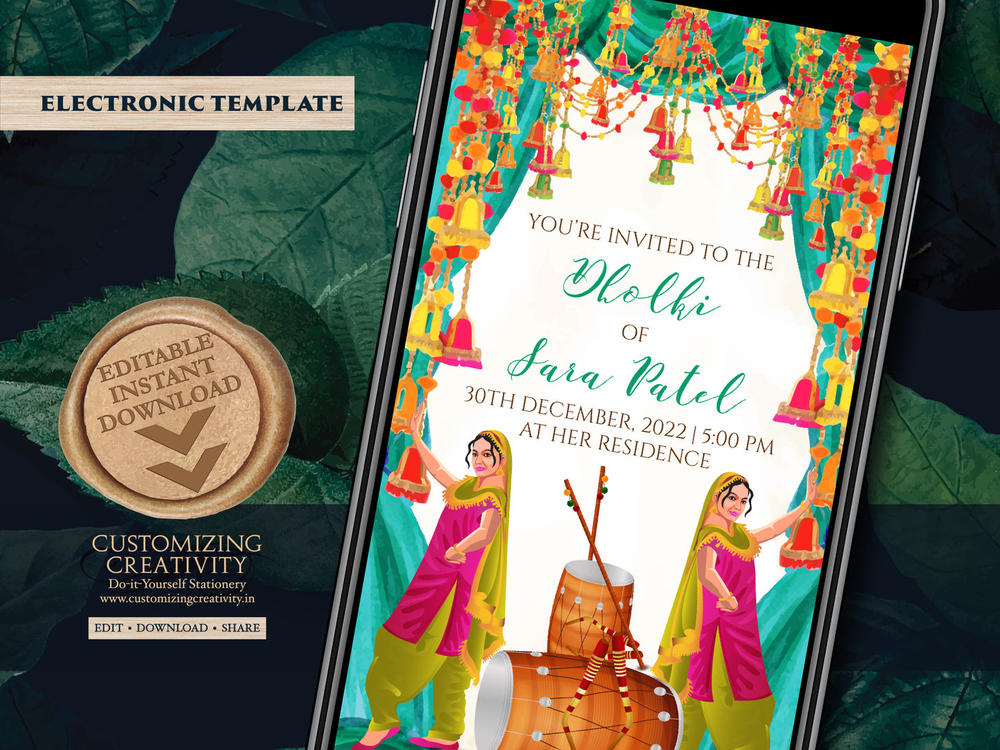 Dholak invitation & Pakistani Dholak Invite Digital, Muslim Dholak night invites, Punjabi Dholki invites digital as Muslim Dholki invitation