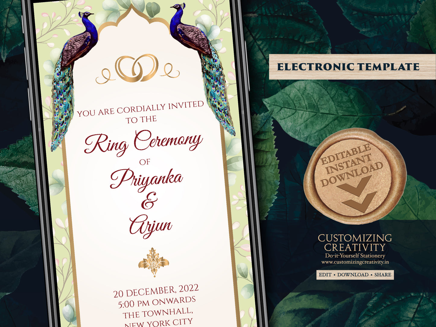 Electronic Engagement invitation Peacock as Ring Ceremony cards Digital, Digital Ring Ceremony invites & Indian Engagement cards Peacock