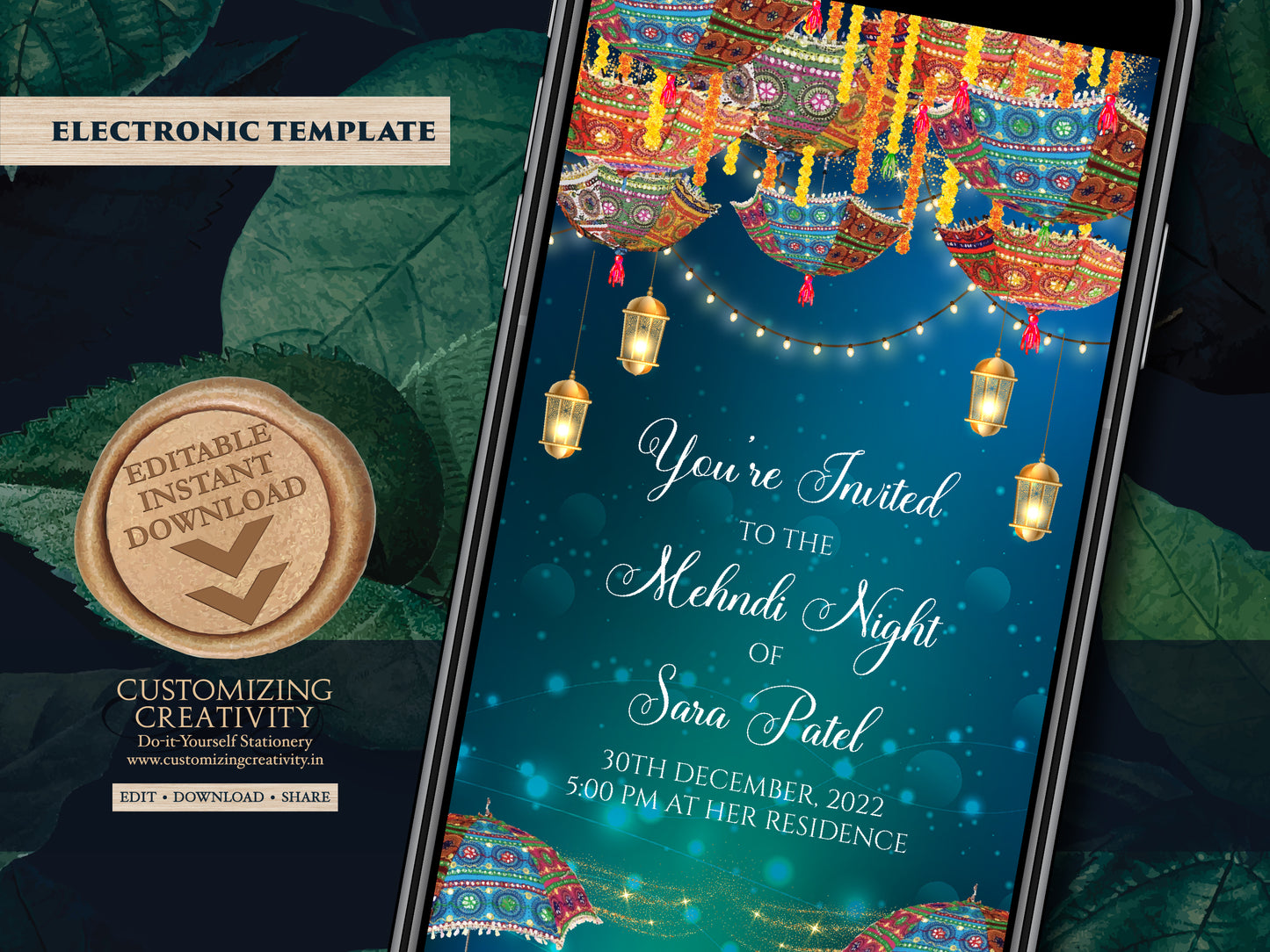 Dholki invites as Mehndi invitations, Digital Mehndi invites & Mehndi Invites, Mendhi Night invites as Mehendi invites, Mehendi invitations