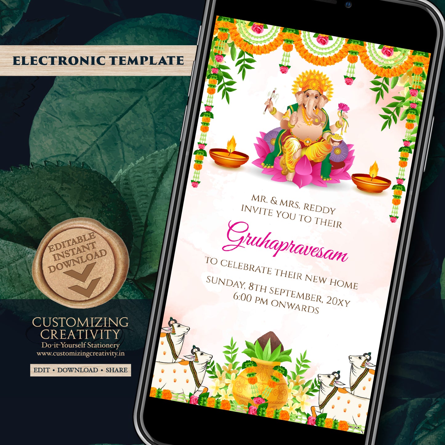 Digital Gruhapravesam invite Indian Housewarming invitation, Grihapravesh invite as Tamil Housewarming invite Telugu, Gruhapravesham invite