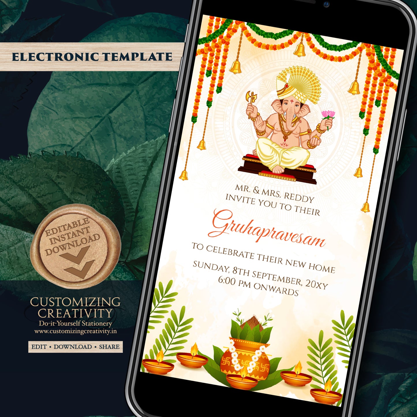 Digital Indian Housewarming invitation Gruhapravesam invite, Grihapravesh invite as Tamil Housewarming invite Telugu, Gruhapravesham invite