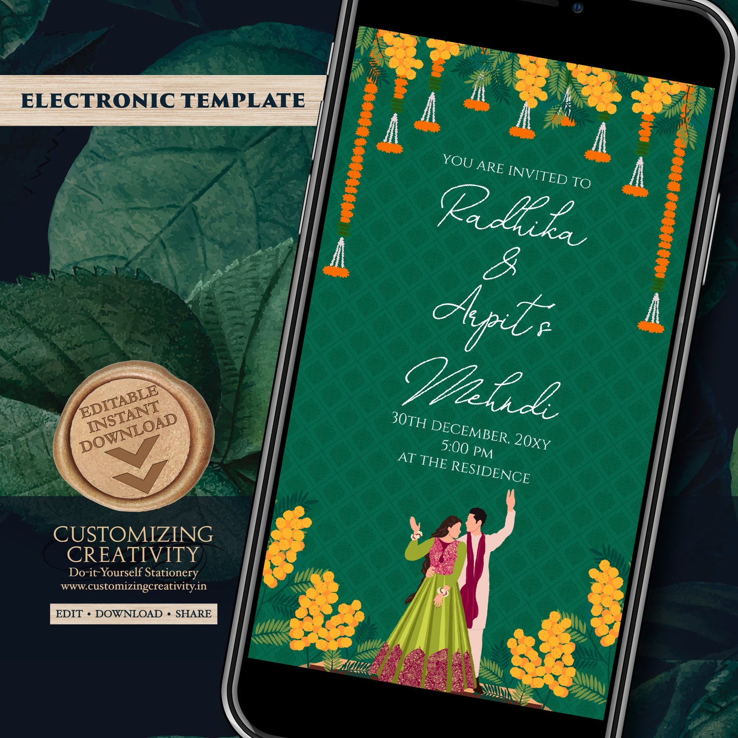 Mehendi invitation Digital Mehndi invite, Dholki invitation & Digital Mehndi invitation, Mendhi Night invite as Dholki invites Mehndi cards