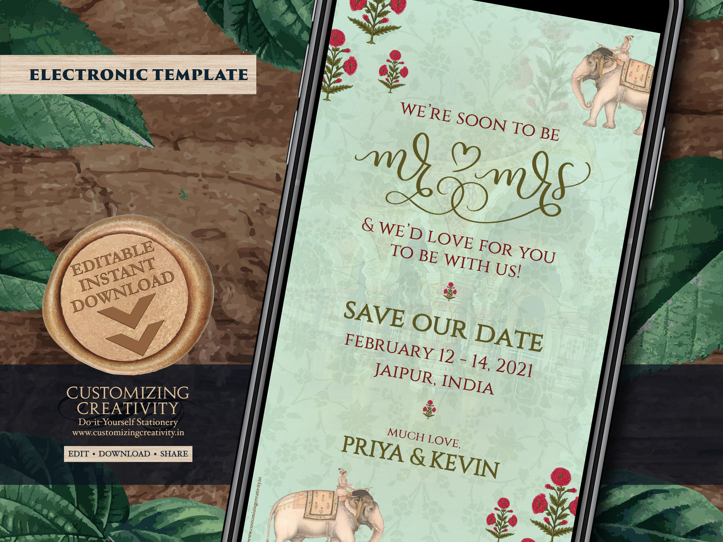 Elephant Save the date as Indian Save the Date Mint green, Pastel Save the date Royal Elephant & Indian Digital Save the Date Indian Wedding