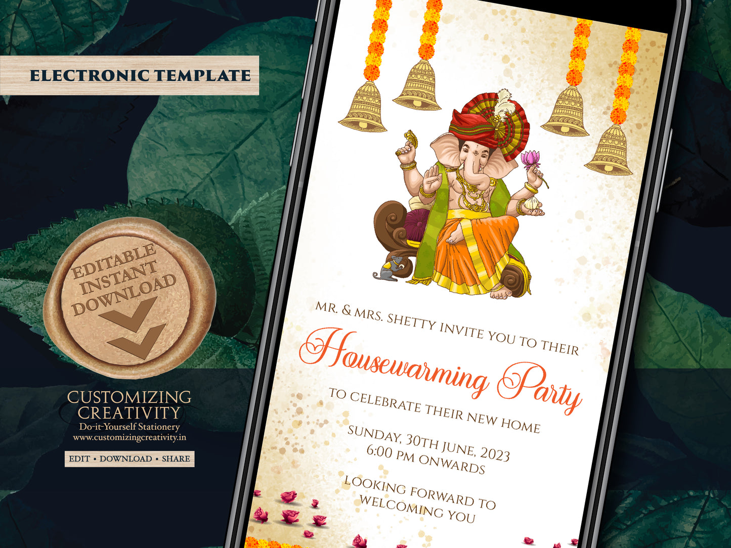Ganesha invitations as Indian Housewarming invites as Ganesha invites as Digital Housewarming invitations, Indian Housewarming party invites