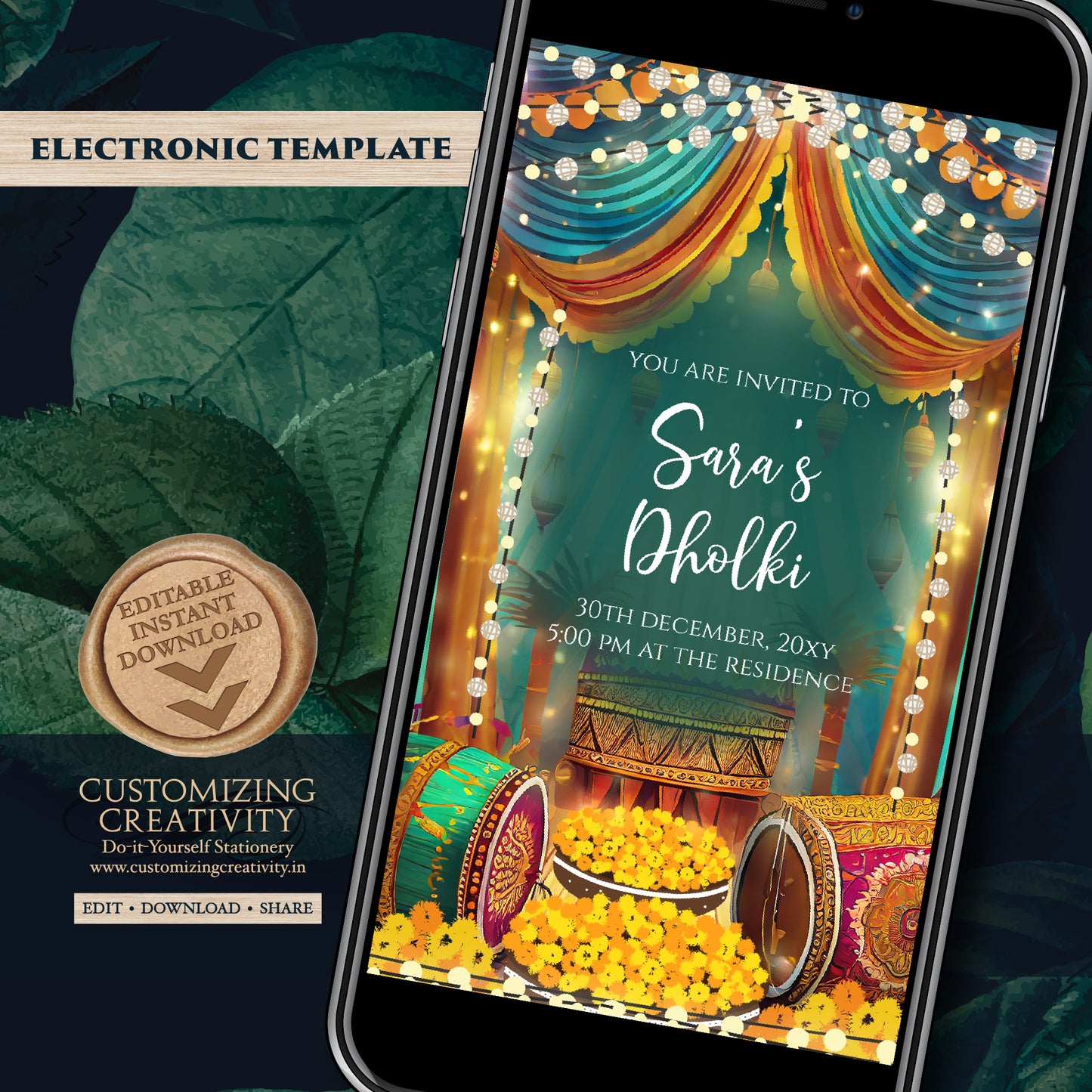 Muslim Dholki invitations & Mehndi invites, Digital Dholki invites Mehndi invitation, Mehendi invite as Digital Pakistani wedding invitation