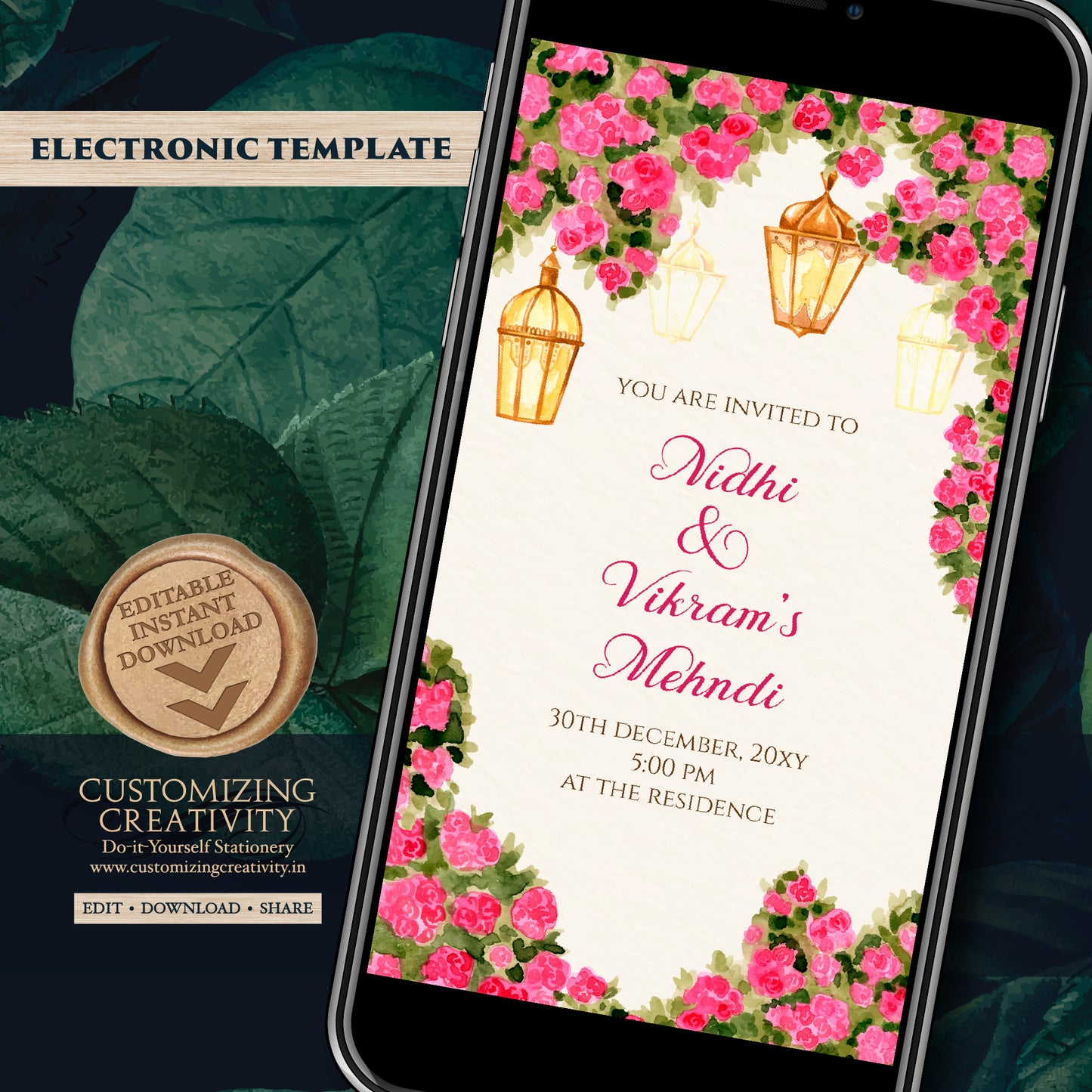 Mehendi invitation & Digital Mehndi invite, Dholki invitations Mendhi Night invite, Mehndi invitations Digital Dholki invite as Mehndi cards
