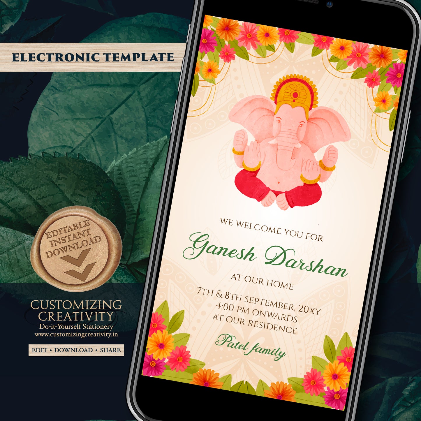 Ganesh Chaturthi invitations Ganpati invites, Ganesh Darshan card as Ganesha invitations, Ganpati darshan invitations & Ganesh puja cards