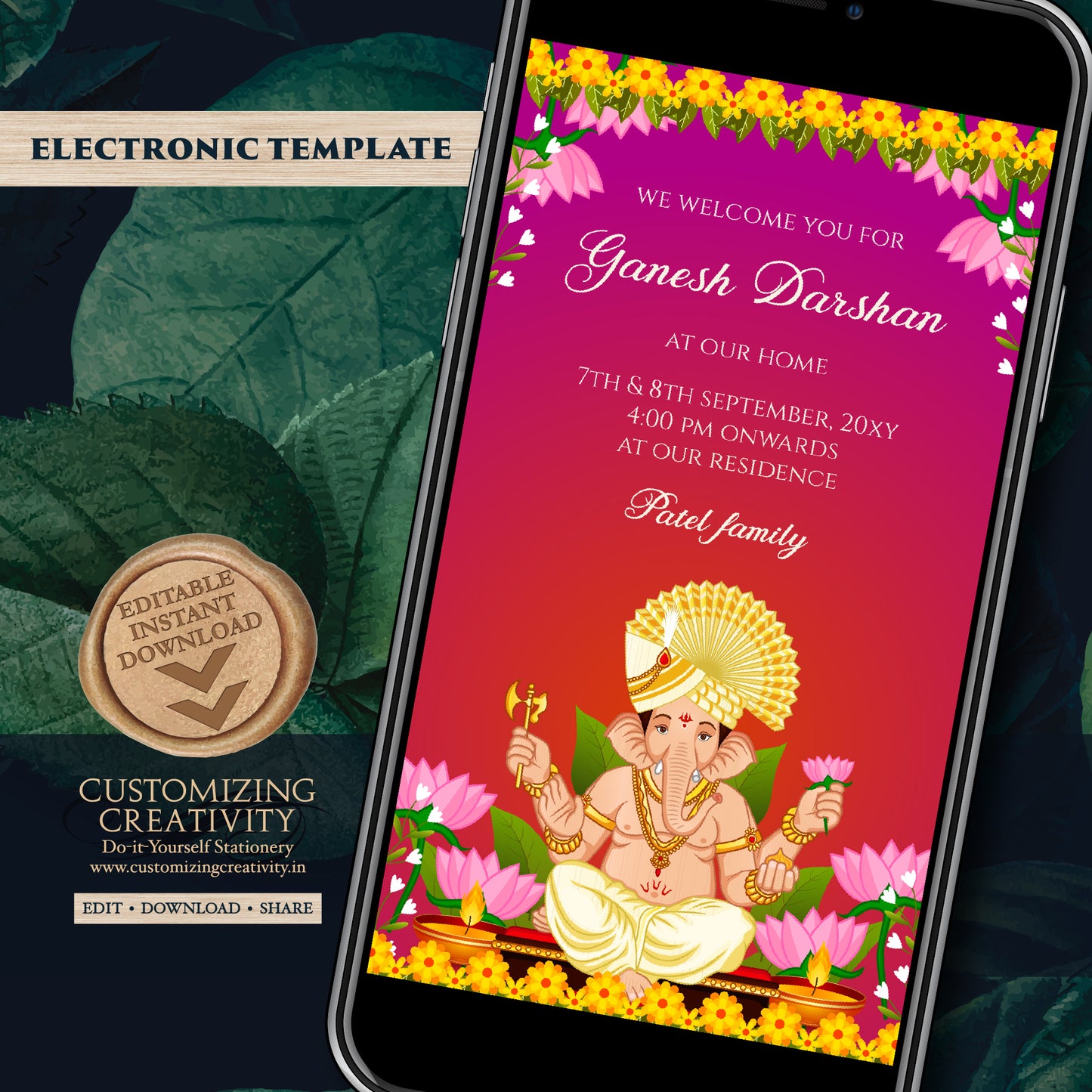 Digital Ganesh invitations Ganpati invites Ganesh Chaturthi card & Ganpati darshan invitation card Ganesh pooja invite as Ganpati invitation