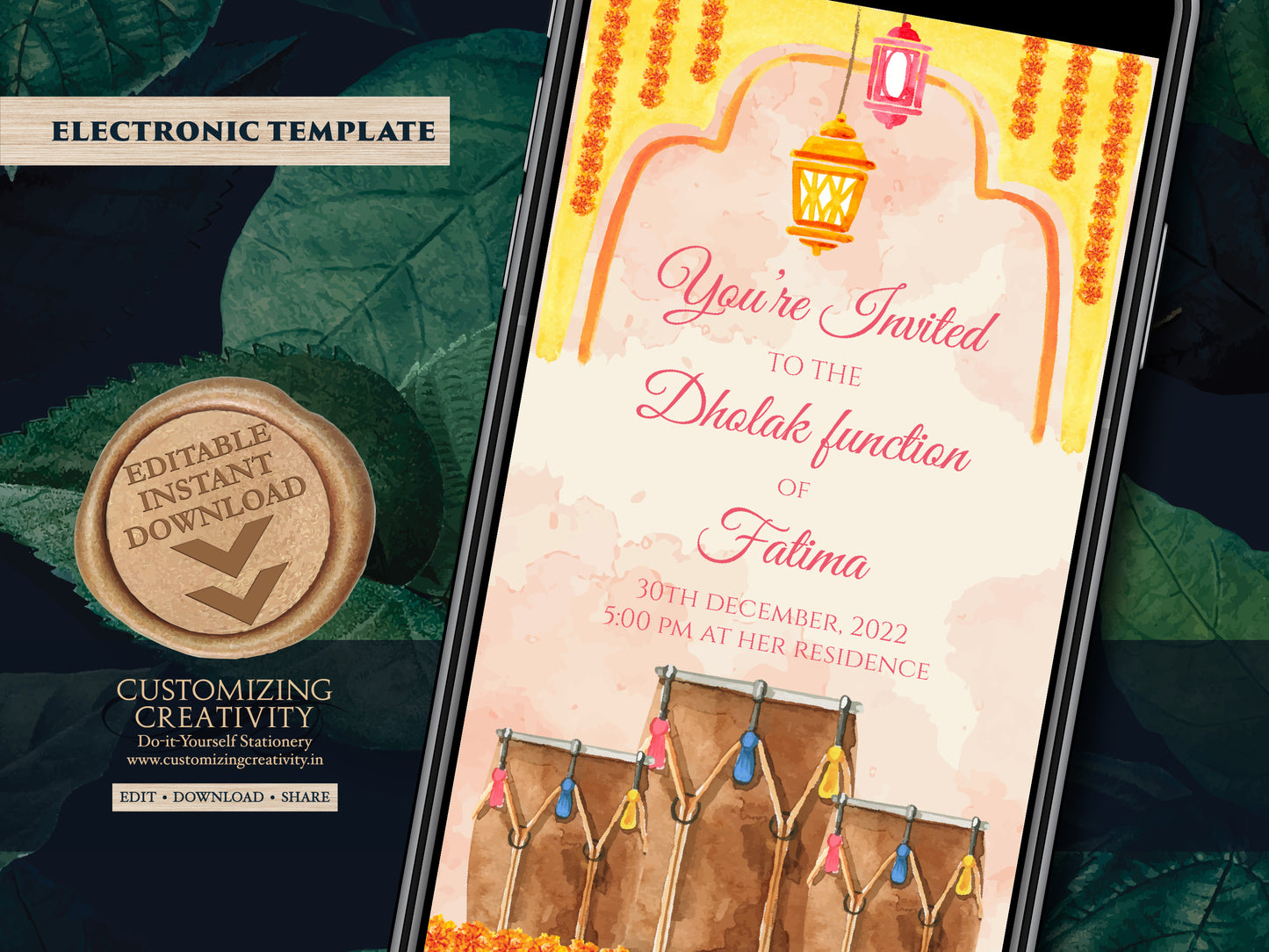 Dholak invitation & Dholki Invites Digital as Dholak night invitations Muslim, Wedding Dholak invite electronic, Wedding Dholki invitations