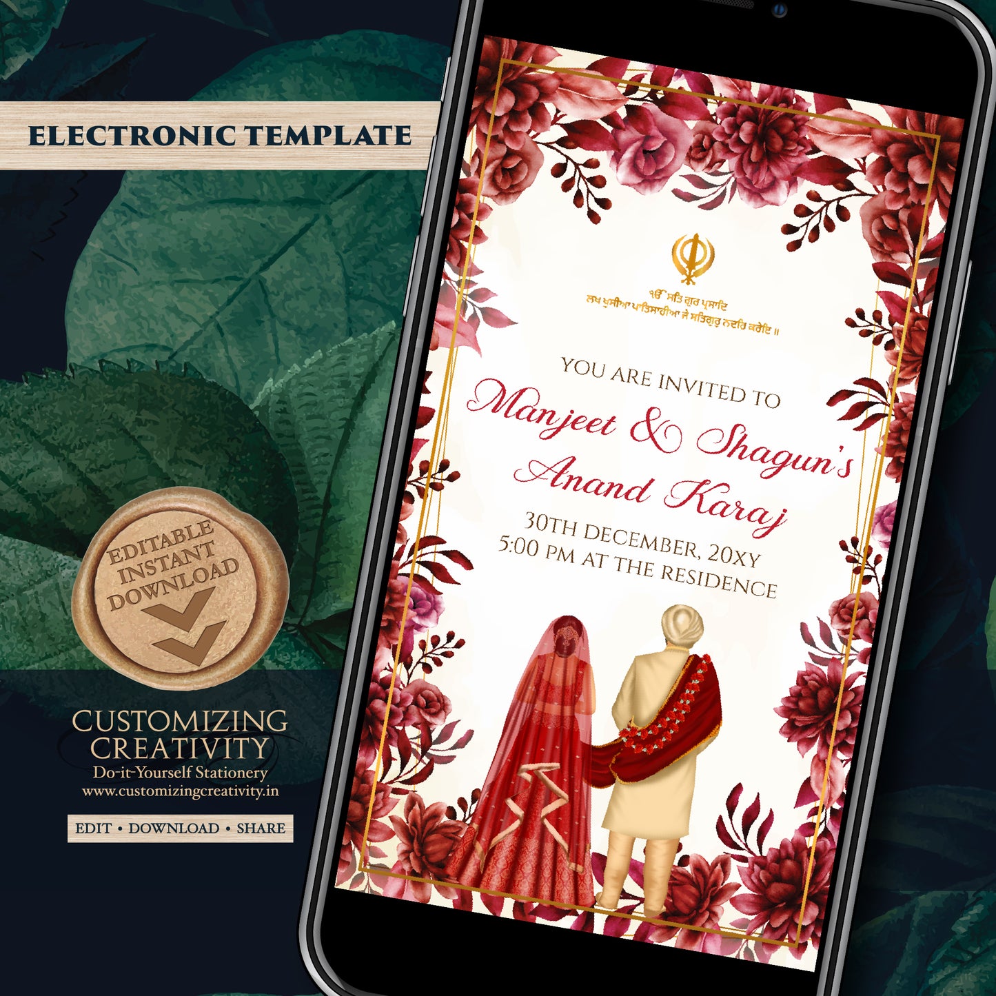 Anand Karaj invitations Digital Sikh Wedding cards, Digital Anand Karaj invitation Sikh invites, Sikh wedding invites as Punjabi invitations