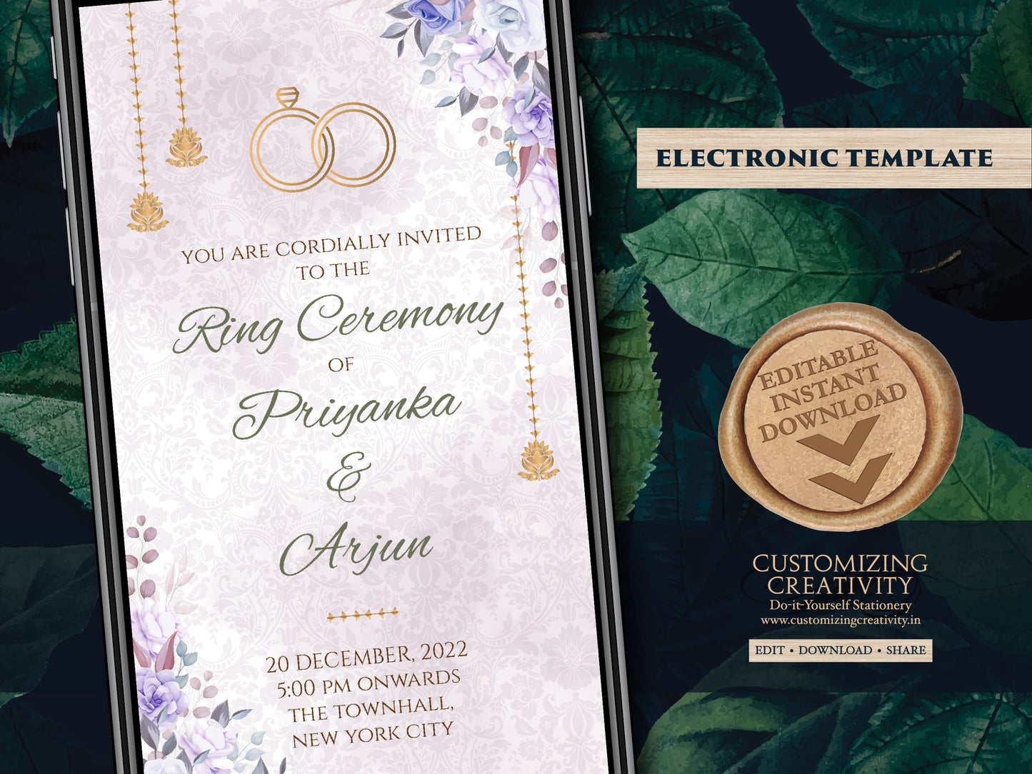 Ring Ceremony invite Spring as Summer Engagement template Indian, Digital Ring Ceremony cards Floral & WhatsApp Engagement invitations Hindu