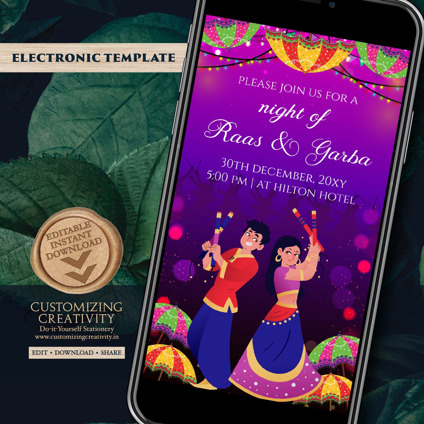 Digital Raas Garba invitations Digital Navratri invites, Raas Garba night invites Digital Dandiya invitation, Wedding Dandiya night invite
