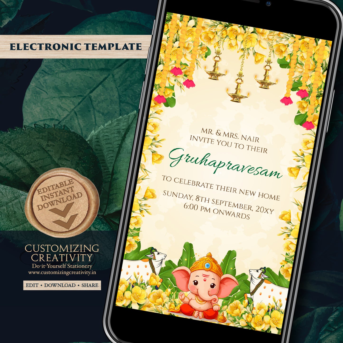 Indian Housewarming invitation as Tamil Housewarming invite Telugu, Grihapravesh invite Gruhapravesham invite Digital, Gruhapravesam invite