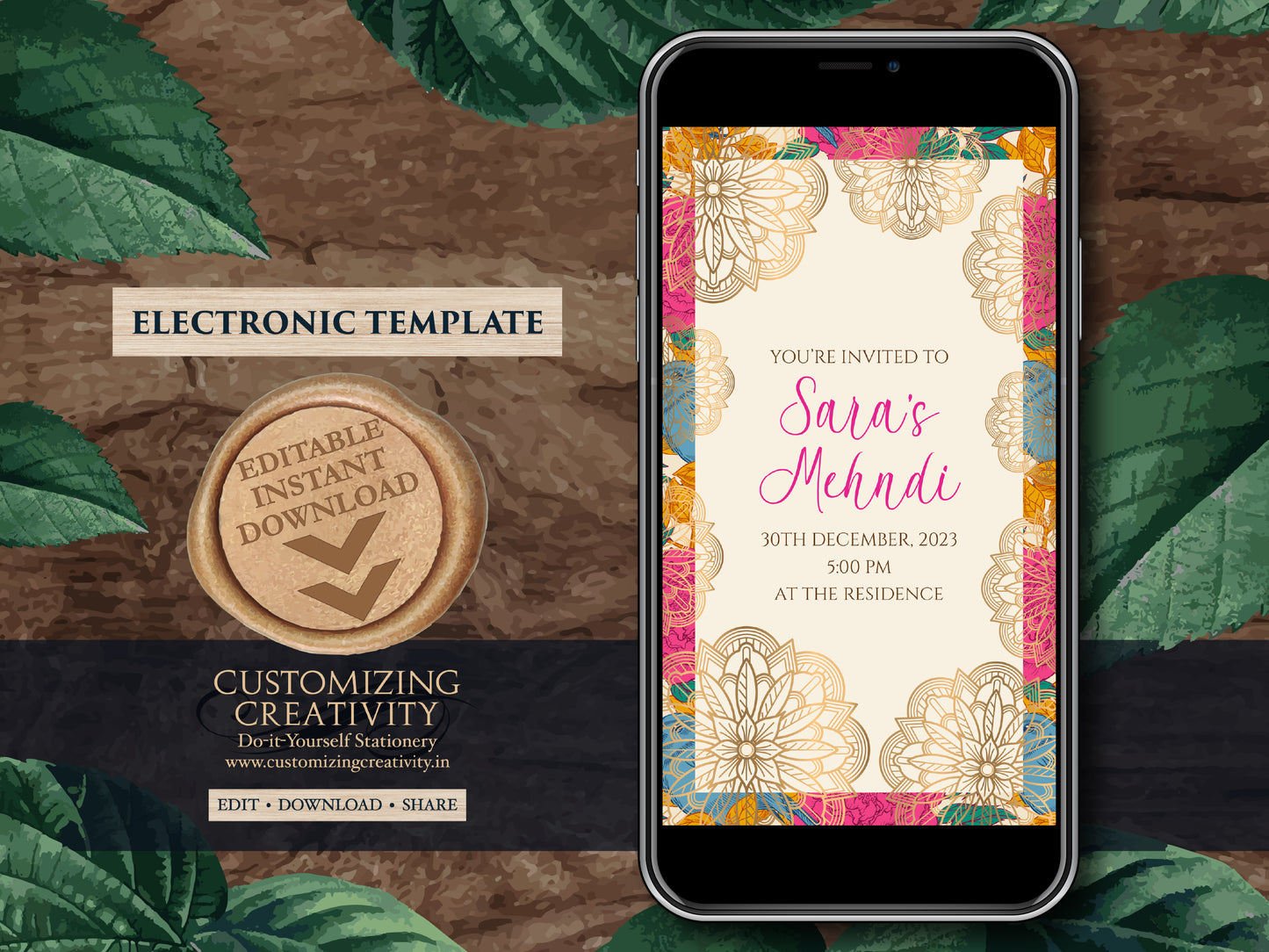 Mehendi invitations as Henna Party invites Mehndi Invites, Mehndi invitations as Mendhi invites, Mendhi Night invite & Digital Mehndi invite