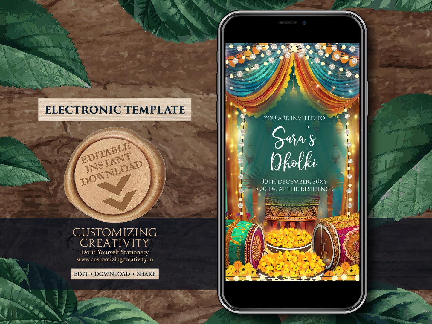 Muslim Dholki invitations & Mehndi invites, Digital Dholki invites Mehndi invitation, Mehendi invite as Digital Pakistani wedding invitation