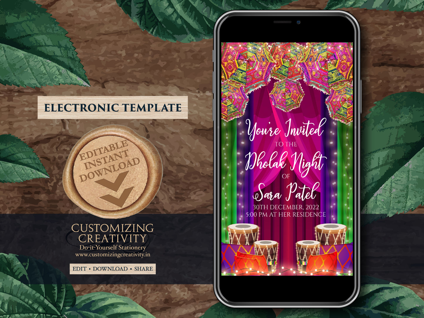 Muslim Dholak night invites, Punjabi Dholki invites digital as Muslim Dholki invitation, Dholak invitation & Pakistani Dholak Invite Digital