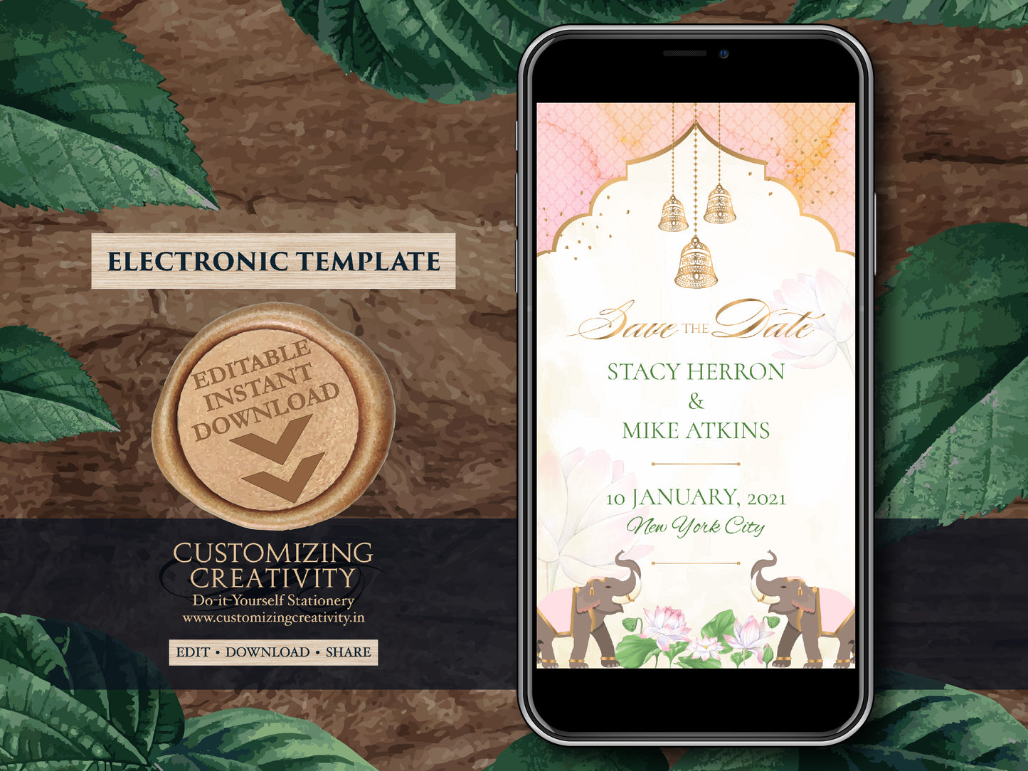 Elephant Save the date Invite & Electronic Save the date Indian, Pastel Save the date Invitation Elephant as Save the Date WhatsApp invite