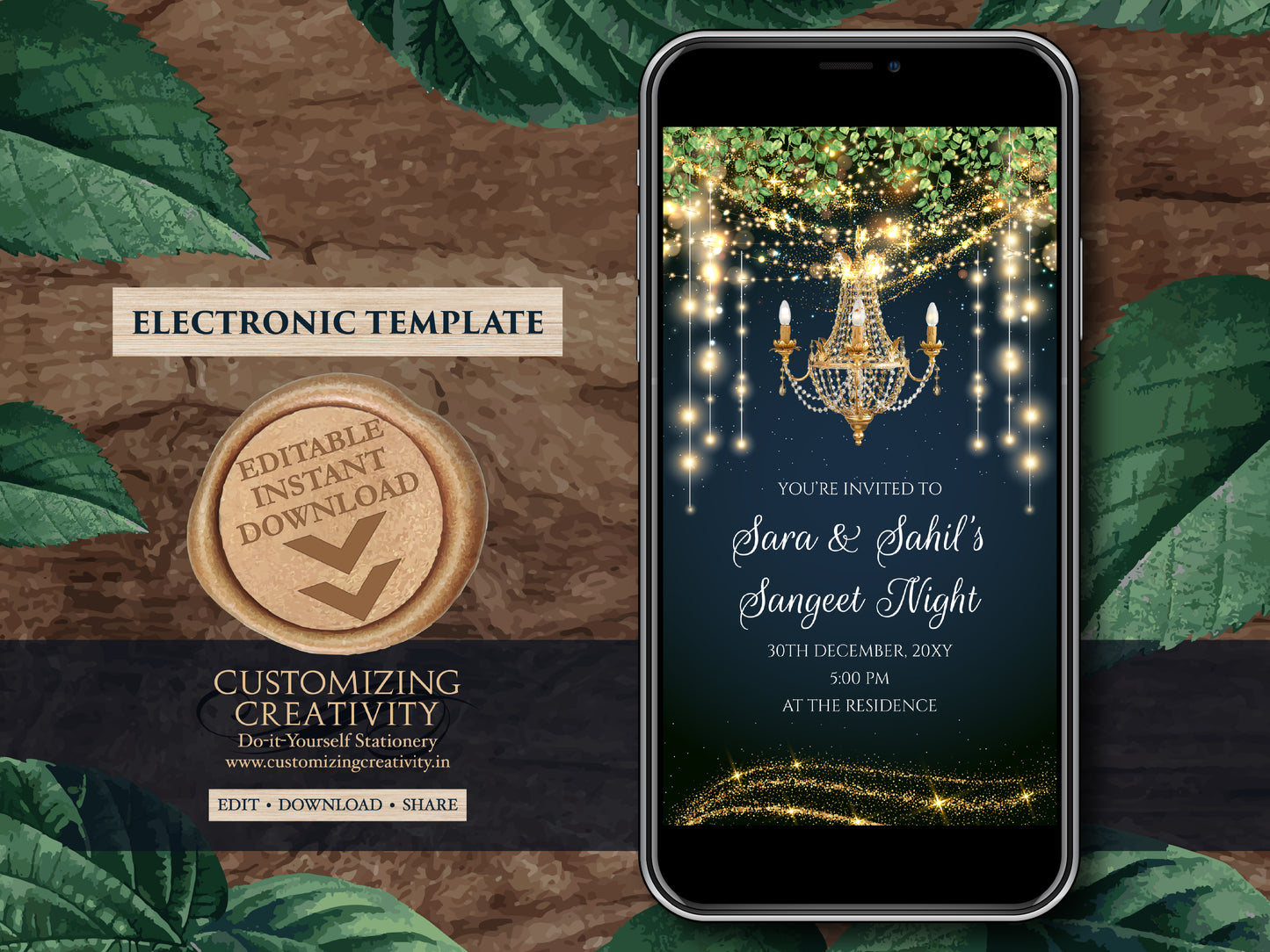 Indian Sangeet invites as Digital Sangeet invitation, Digital Sangeet party invite & Wedding Sangeet card, Digital Indian wedding invitation
