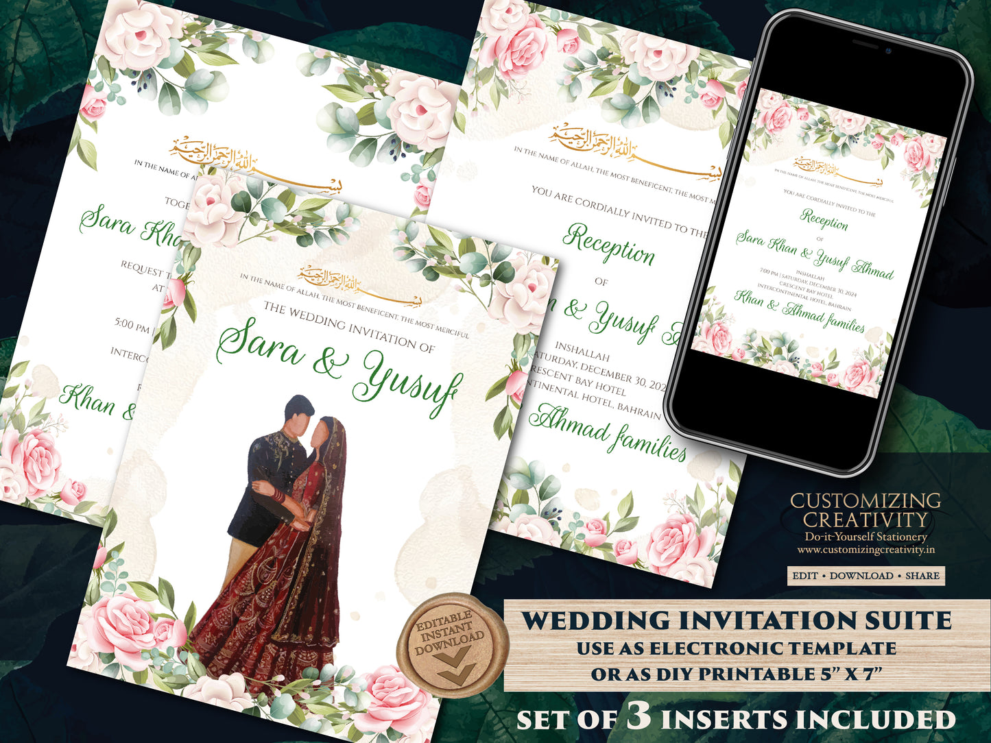 Arabic Invitation Pakistani & Digital Nikah invitations, Muslim Invitations Nikkah invite Digital, Muslim wedding card as Walima invitations